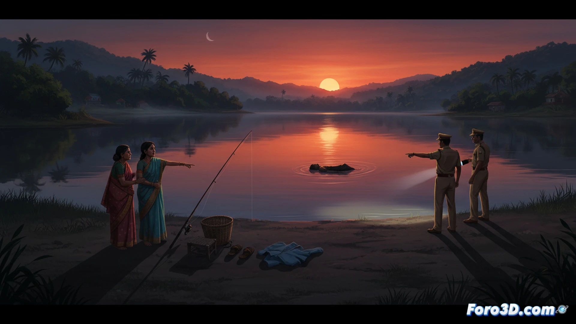 Un hombre pesca en un lago al atardecer, con su equipo abandonado en la orilla cercana.