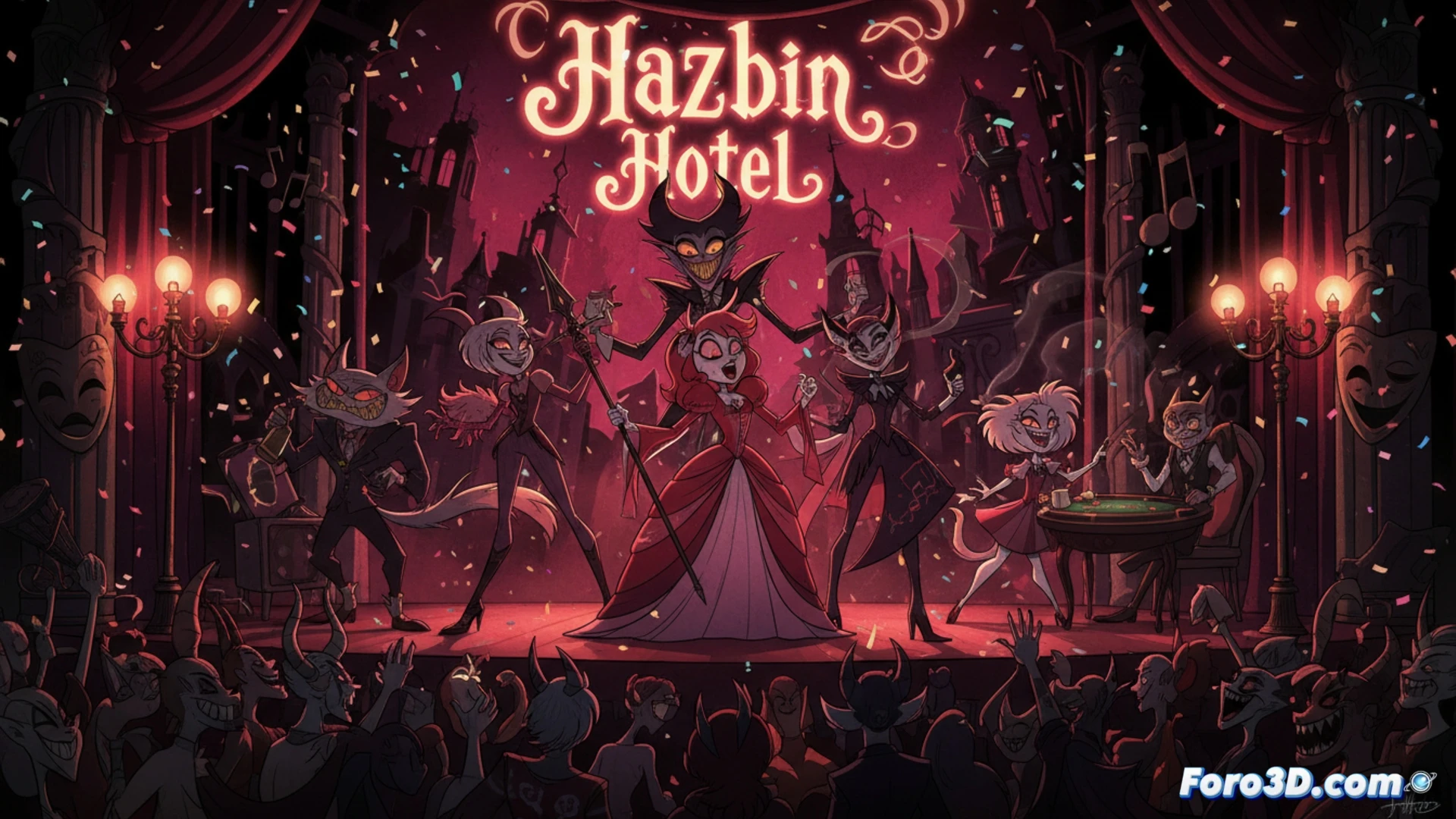 Charlie sonríe en el infierno rojo, rodeada de ángeles y demonios, con un cartel que dice 'Temporada Final'.