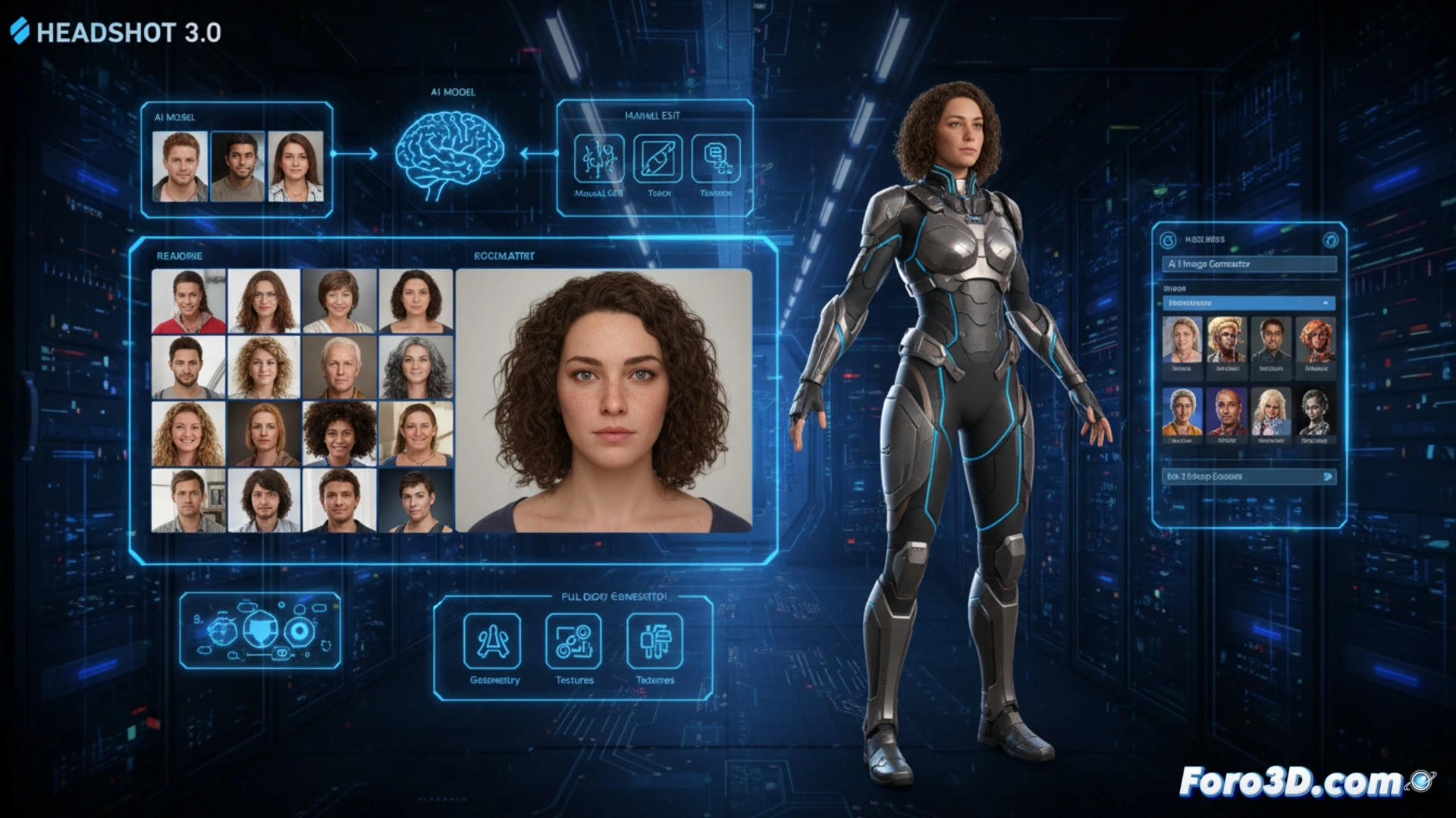 Interfaz de Reallusion con cabeza 3D hiperrealista generada por IA, junto a fotos de referencia y un cuerpo completo modelado.