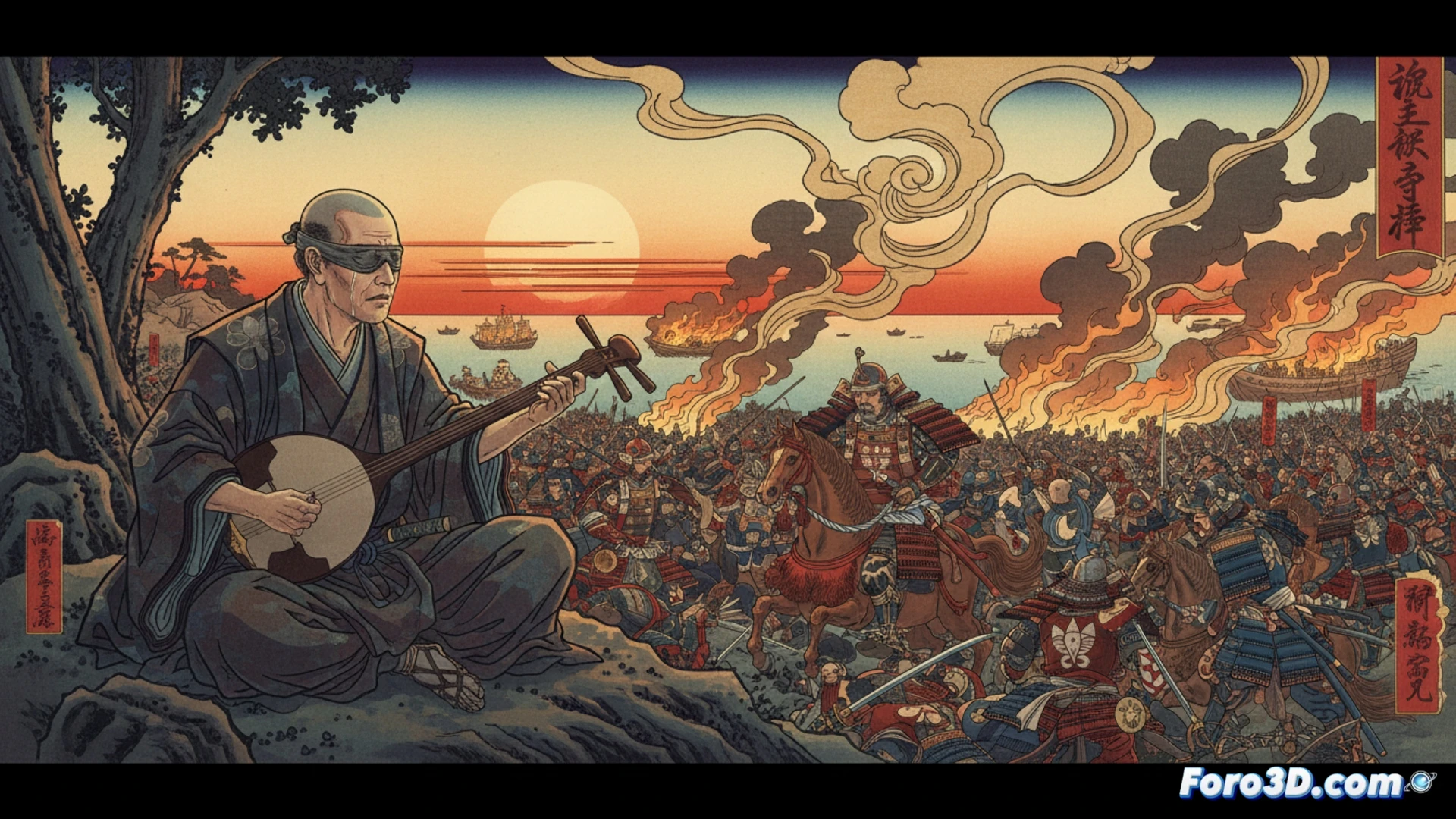 Una batalla naval épica entre samuráis, con barcos en llamas y arqueros, bajo un cielo tormentoso que refleja la caída del clan Taira.