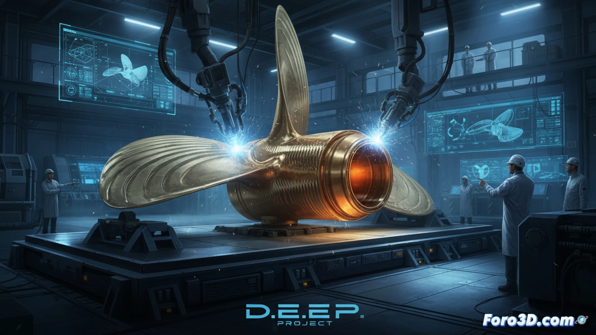 Una hélice marina metálica, impresa en 3D, emerge con destellos cobrizos. El diseño digital se fusiona con la pala de bronce de aluminio y níquel, simbolizando propulsión naval inteligente y eficiente.