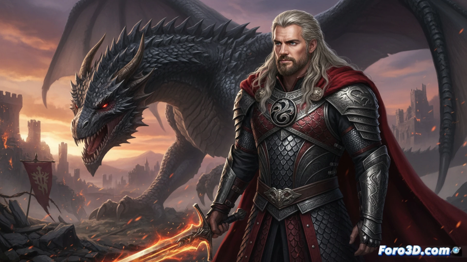 Henry Cavill con peluca blanca y armadura, como Aegon el Conquistador a punto de desembarcar en Poniente.