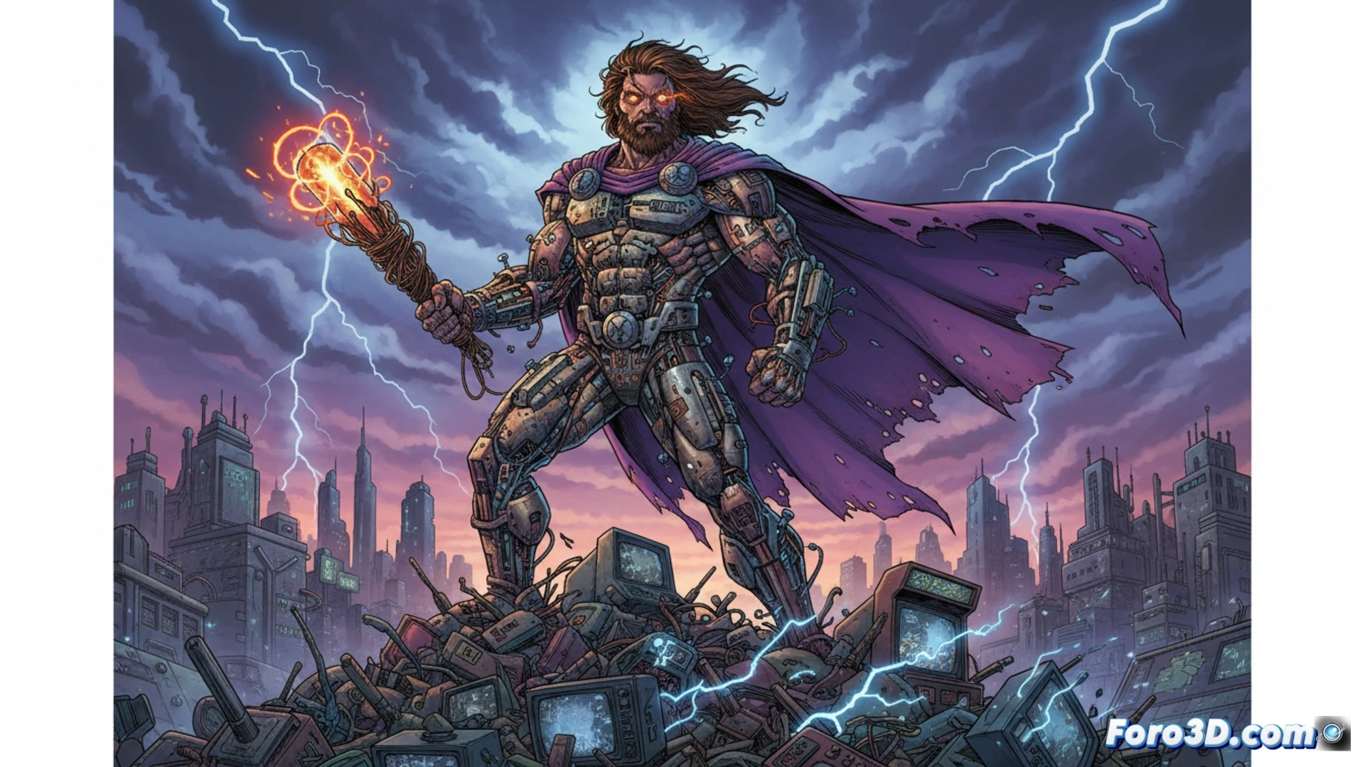 Un maniquí de tela cobra vida tras un rayo, volviéndose un torpe superhéroe hippie en una viñeta de cómic de 1968.