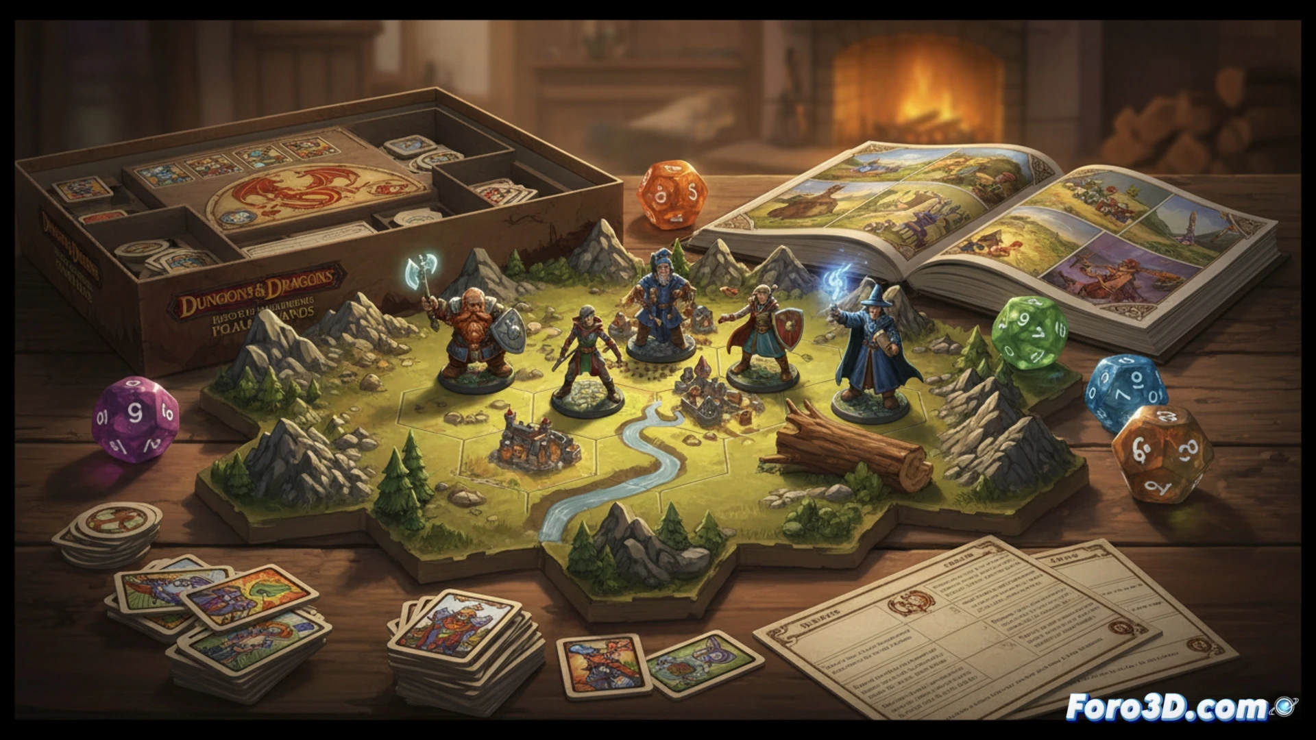 Una caja de D&D abierta con dados, un libro de reglas y miniaturas sobre un mapa ilustrado.