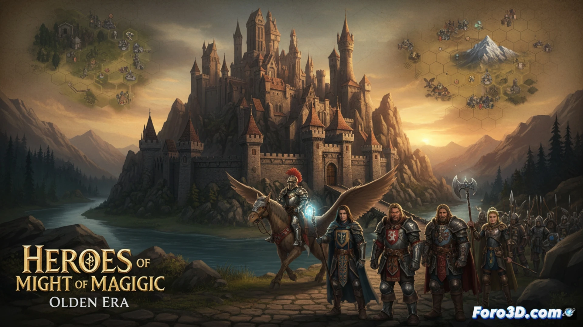 Una imagen épica de un caballero con armadura dorada sobre un grifo, alzándose ante un castillo medieval en llamas bajo un cielo tormentoso. Al pie, un mapa de fantasía con el título 'Heroes of Might and Magic: Olden Era' y la fecha 'Acceso anticipado 2026'.