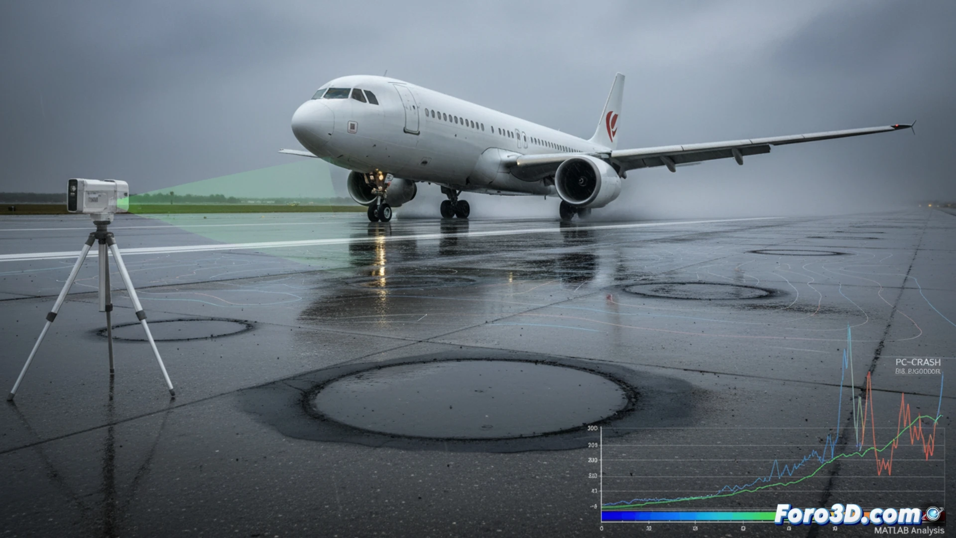 Escaneo 3D de pista de aterrizaje con acumulación de caucho y marcas de hidroplaneo para análisis forense