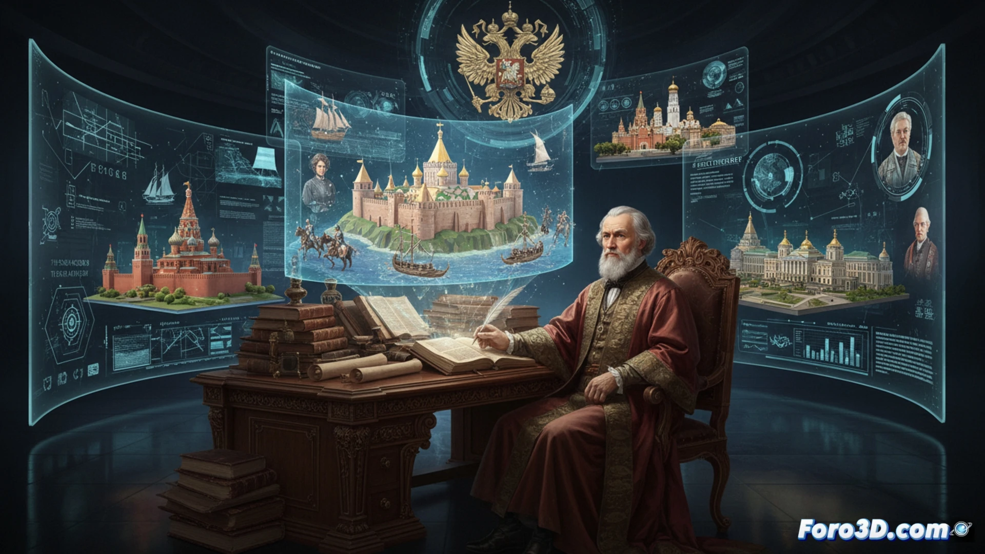 Un historiador observa un holograma 3D de la antigua Moscú, surgiendo de las páginas de un libro antiguo.