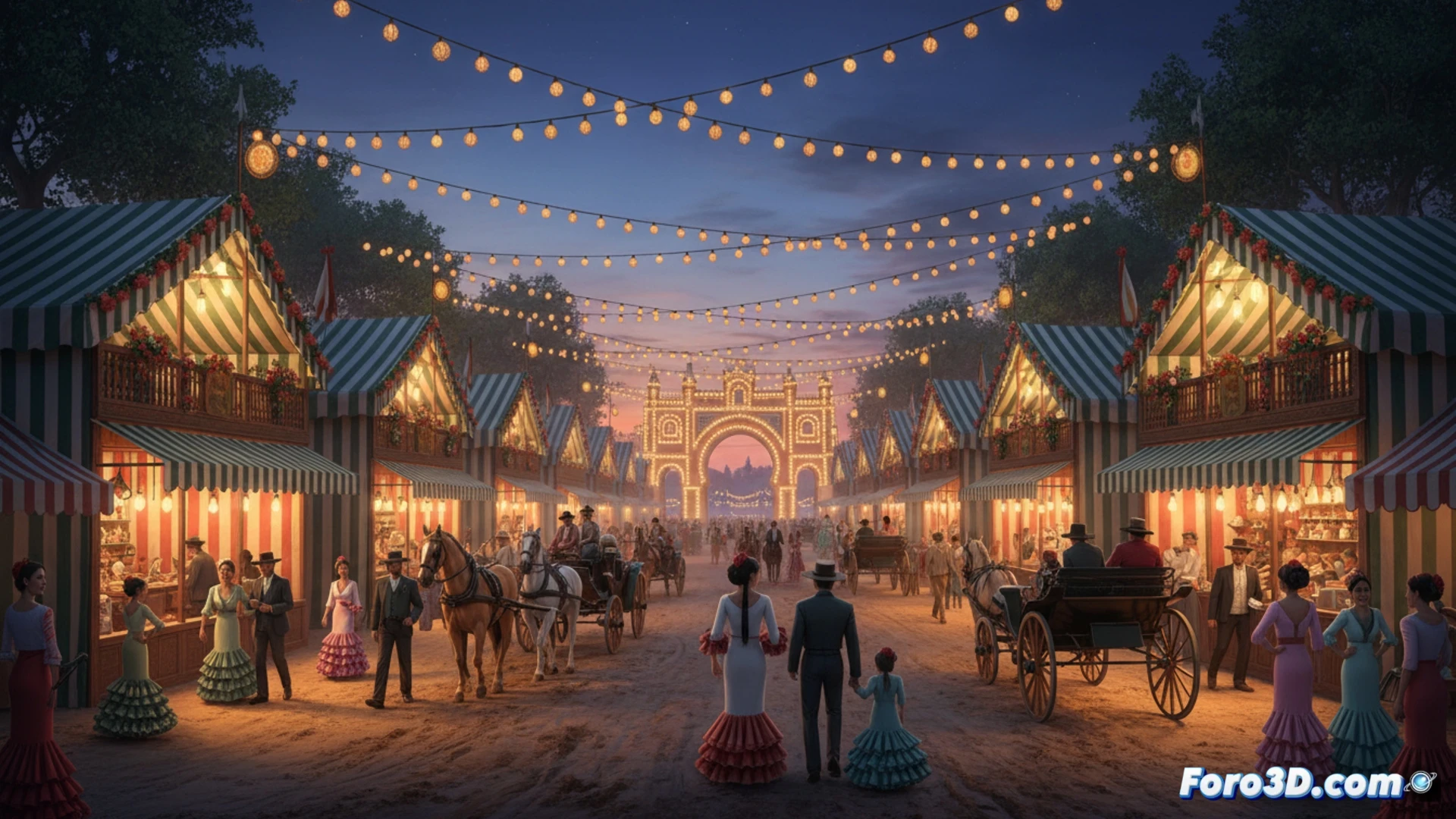 Una vista aérea del Real de la Feria de Sevilla, con sus calles repletas de casetas y farolillos, en el barrio de Los Remedios.