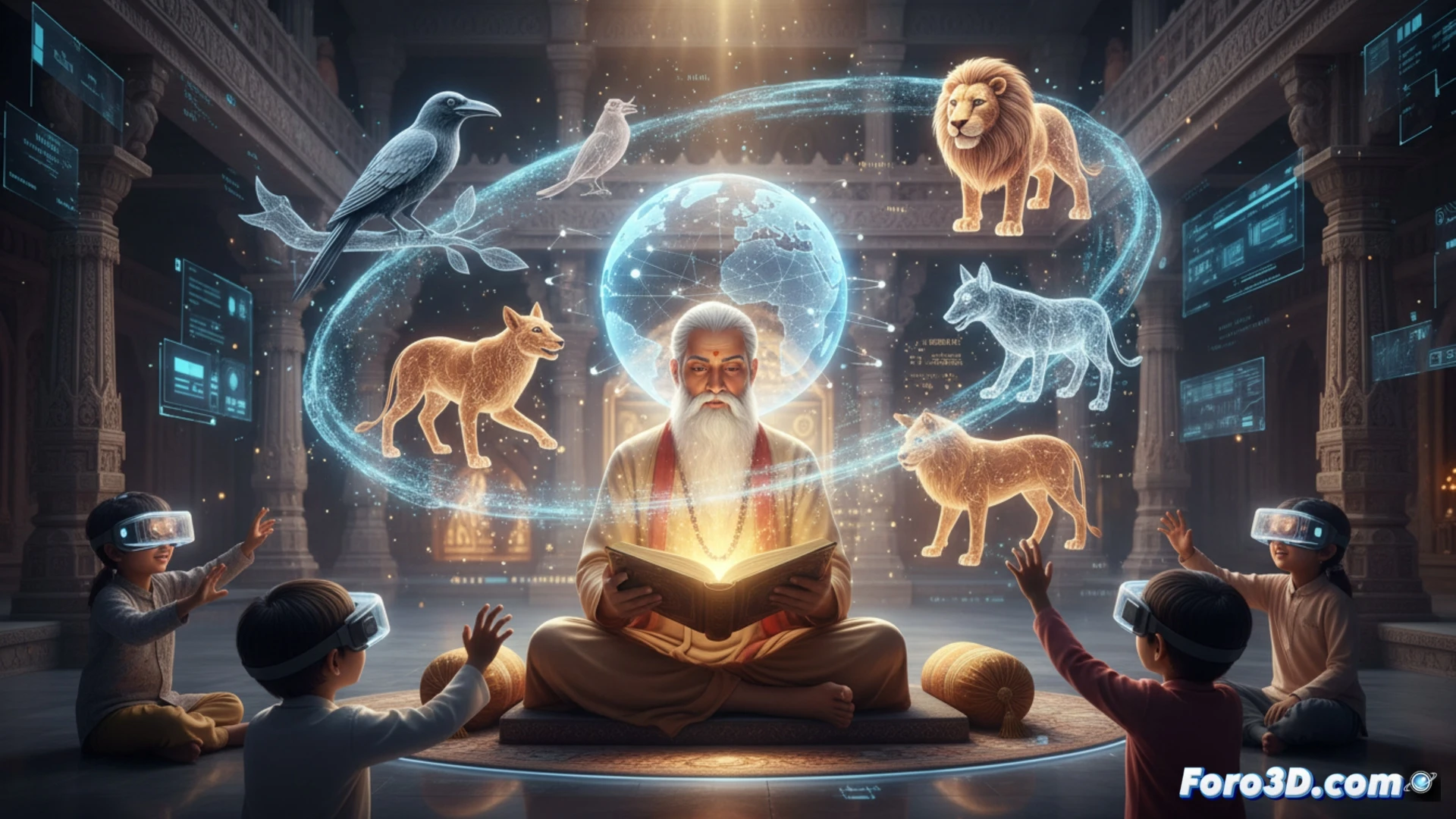 Un sabio y animales en un bosque antiguo modelado en 3D, explicando una leccion moral a un joven principe.