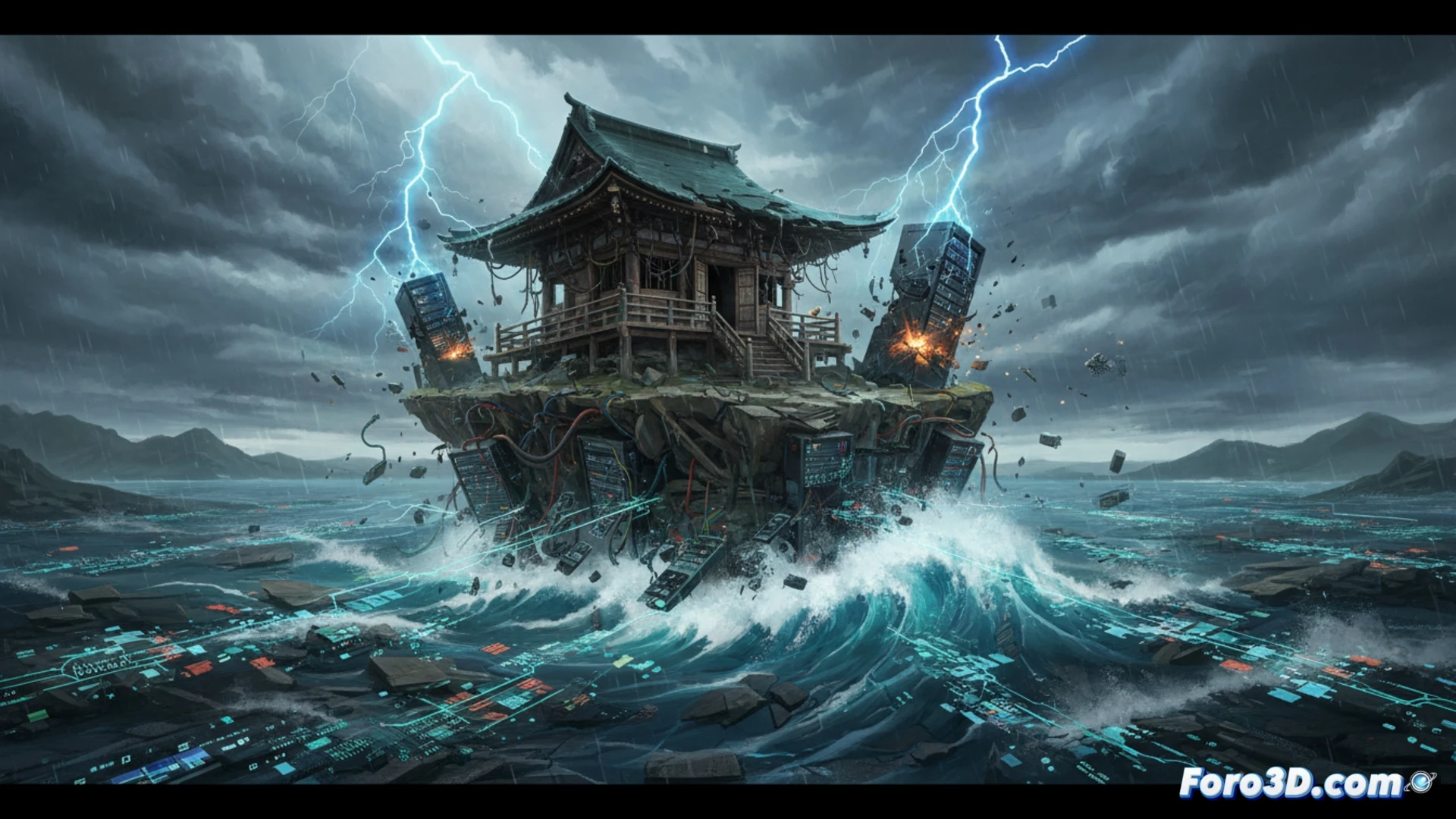 Un pergamino antiguo con texto japonés se desintegra en píxeles y código, mientras un tsunami digital lo arrastra sobre un fondo de servidores en llamas.