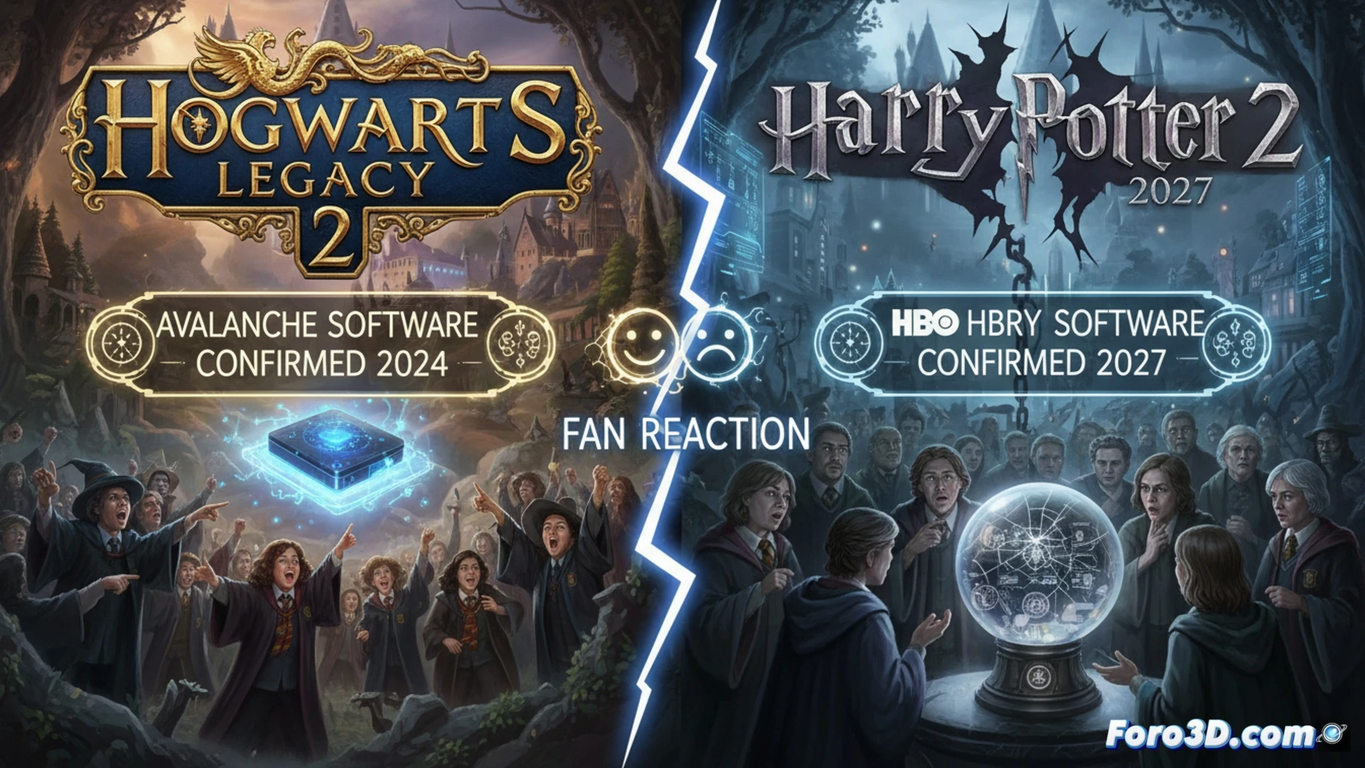 Una bruja y un mago discuten frente a un póster rasgado que muestra el logo de Hogwarts Legacy junto al de HBO.