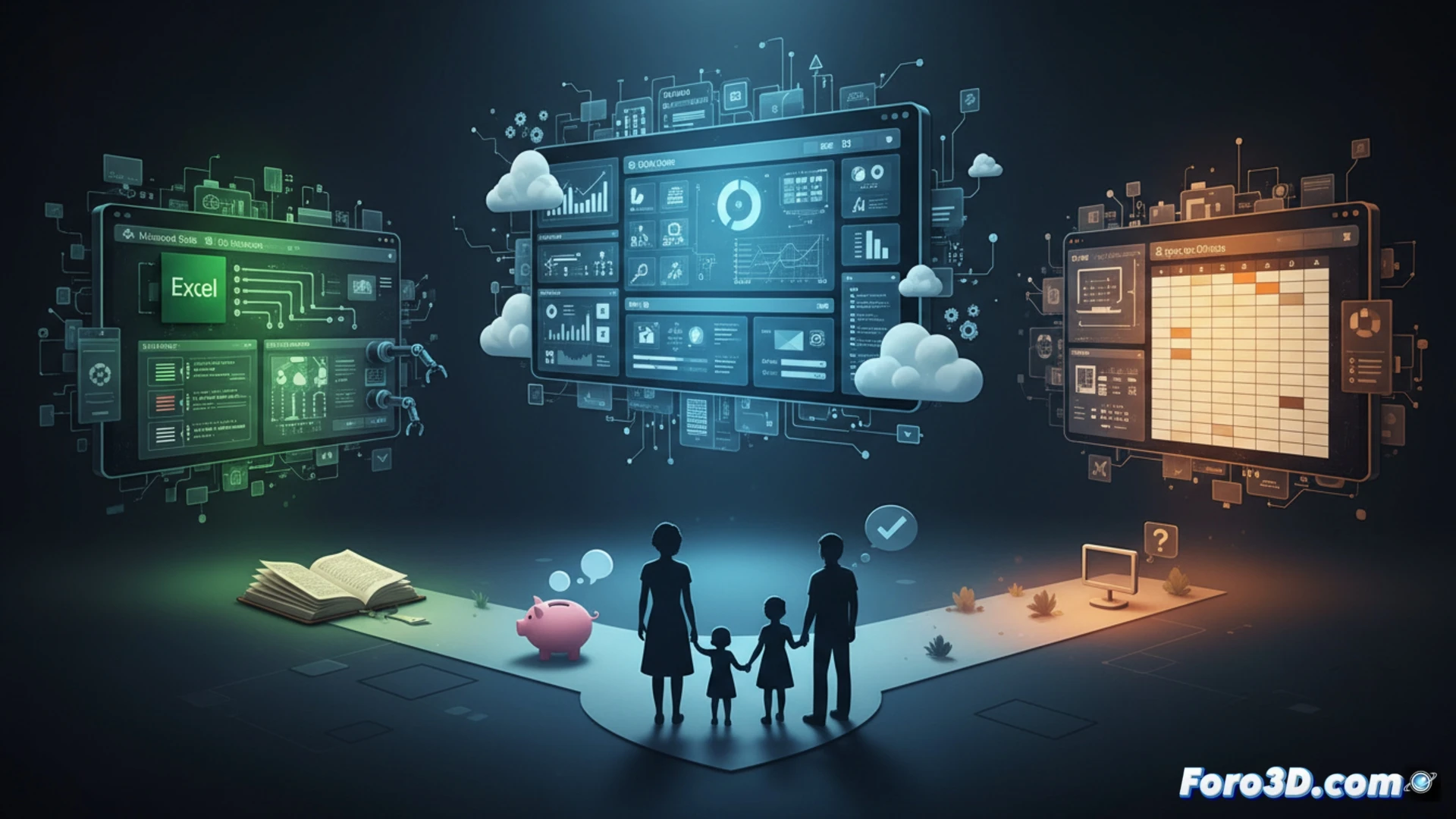 Una persona analiza tres pantallas que muestran hojas de cálculo de Google, Excel y OpenOffice Calc.