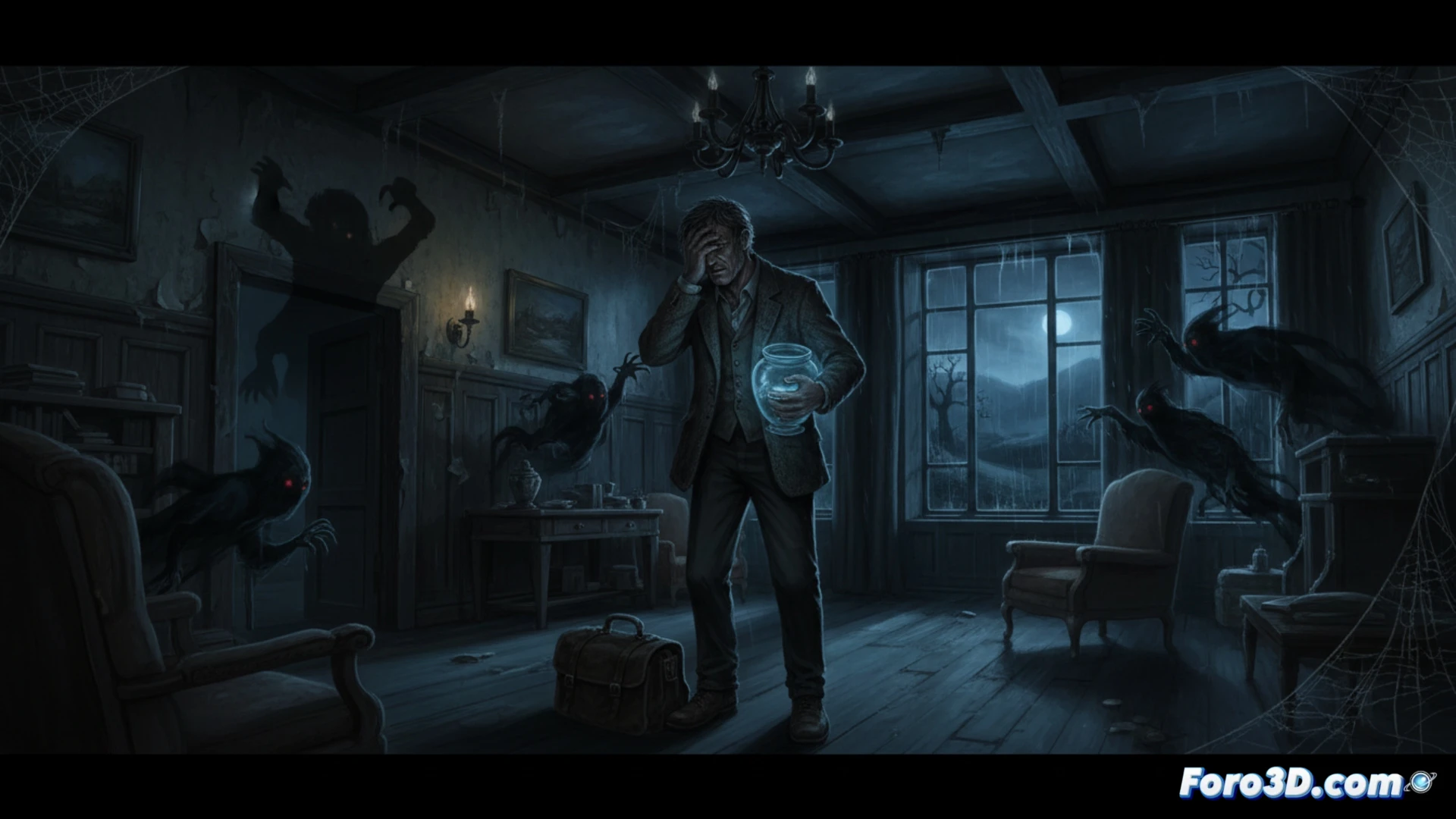 Un novelista en crisis, rodeado de niebla, frente a un hotel irlandés solitario, con sombras retorcidas que reflejan sus demonios.