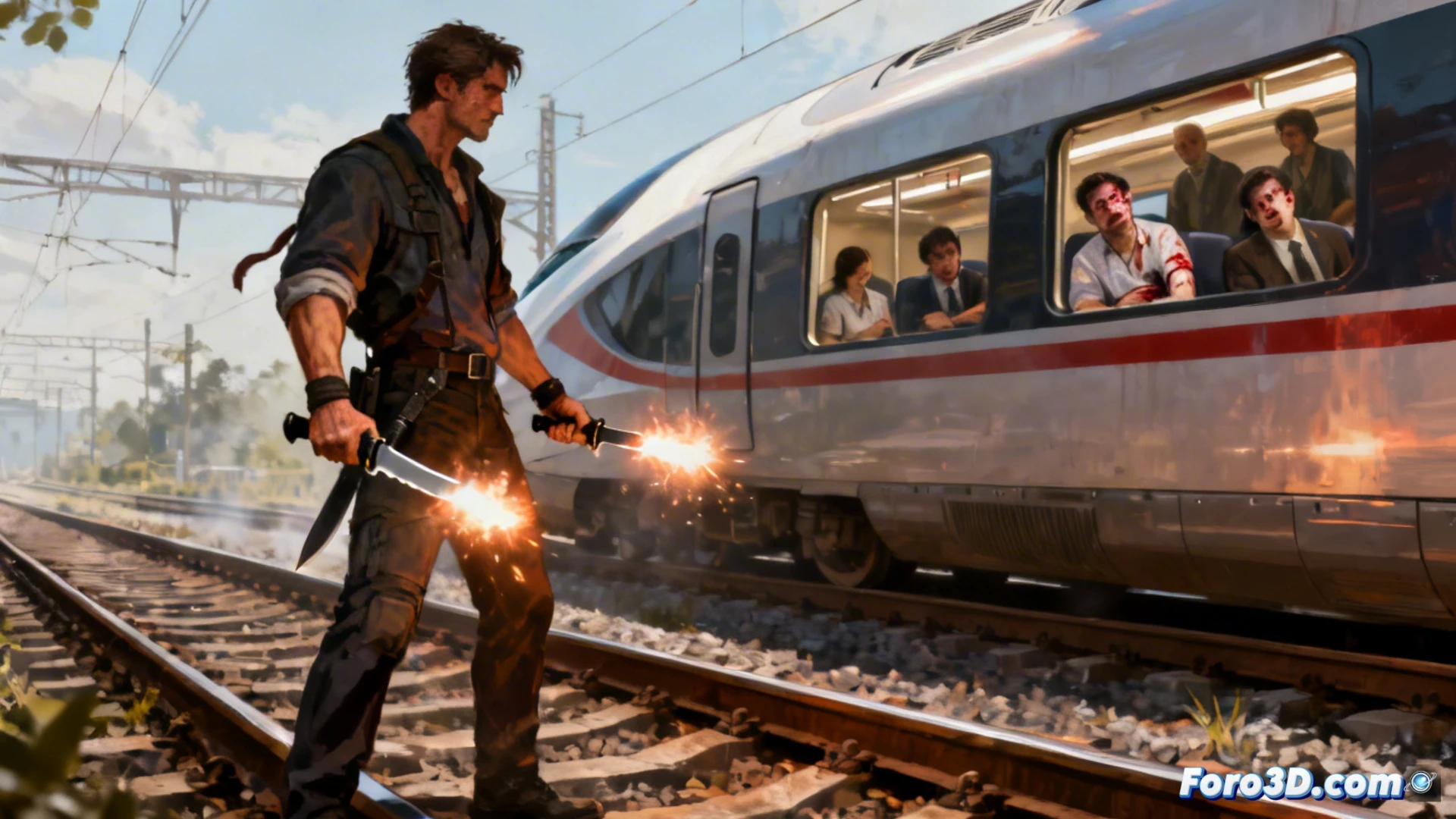 Un hombre encapuchado con cuchillos y una bengala encendida, de pie frente a la cabina de un tren ICE detenido en la vía. Pasajeros asomándose por las ventanas con expresiones de alarma.