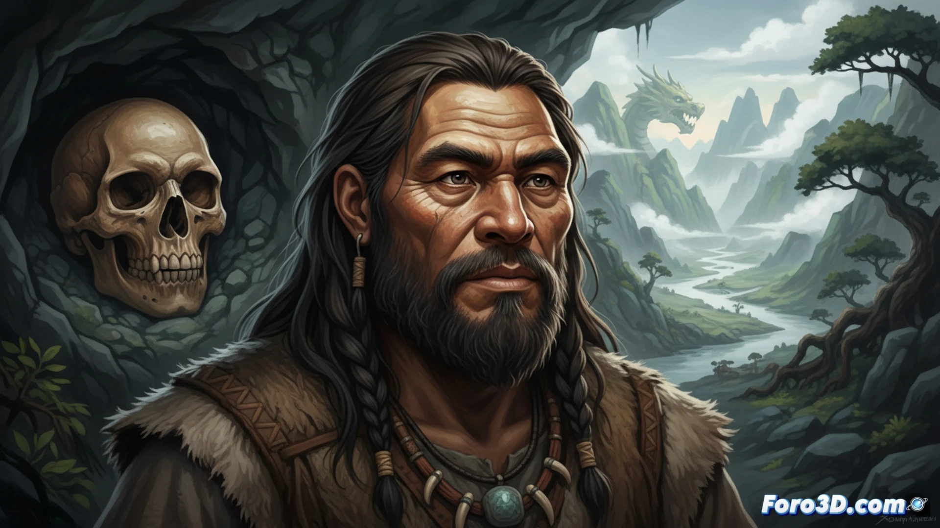 Un cráneo fósil robusto de Homo longi, el Hombre Dragón, sobre fondo neutro que evoca el tiempo profundo.