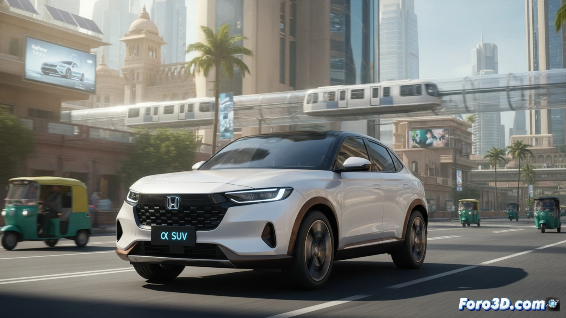 Un SUV eléctrico compacto y moderno, el Honda 0 α, destaca en una calle urbana de India, simbolizando la nueva apuesta accesible de la marca.