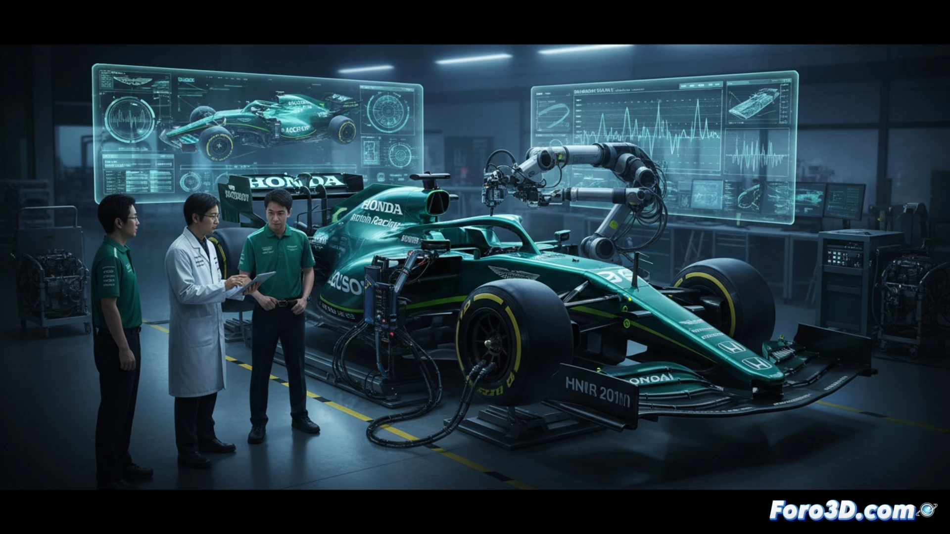 Un AMR26 naranja en Sakura, rodeado de sensores, vibra bajo luces led mientras ingenieros analizan datos en pantallas.