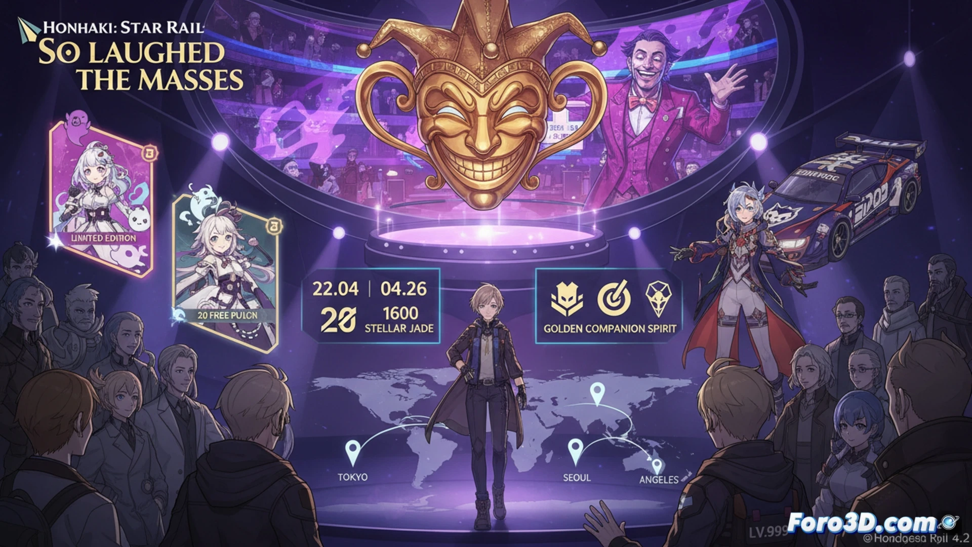 Un evento de aniversario en Honkai Star Rail mostrando personajes celebrando con fuegos artificiales y recompensas de jade estelar en pantalla.