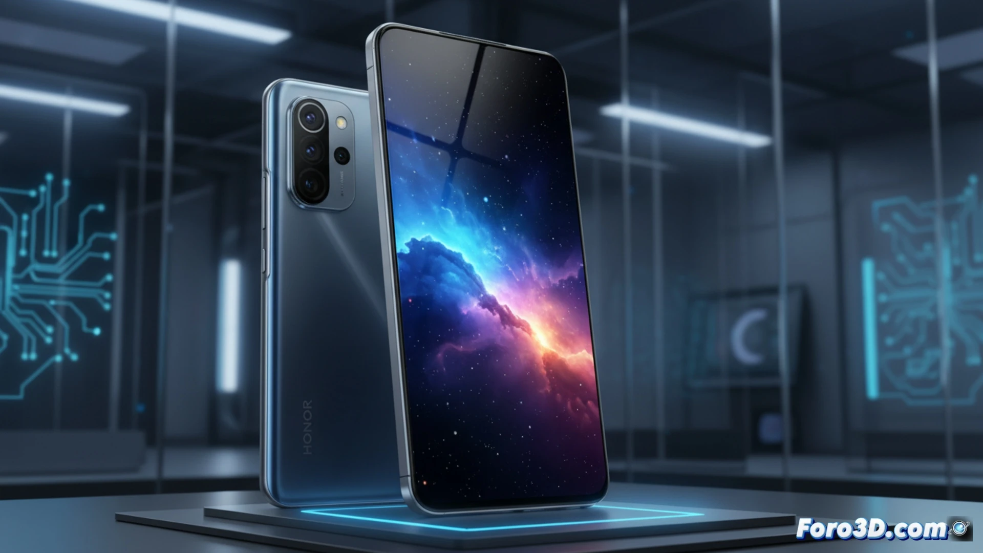 Honor WIN H9 sobre un escritorio, junto a un modelo 3D alámbrico renderizado en su pantalla amplia.