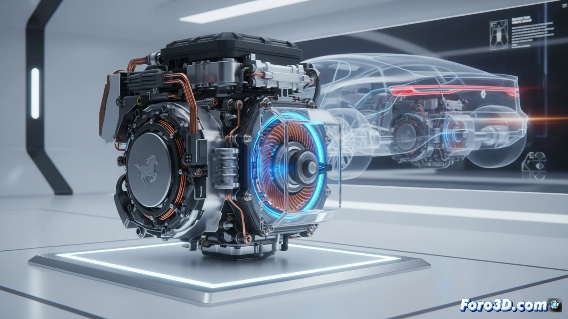 Un sistema compacto junto a un motor eléctrico, con un pequeño motor de combustión como generador.