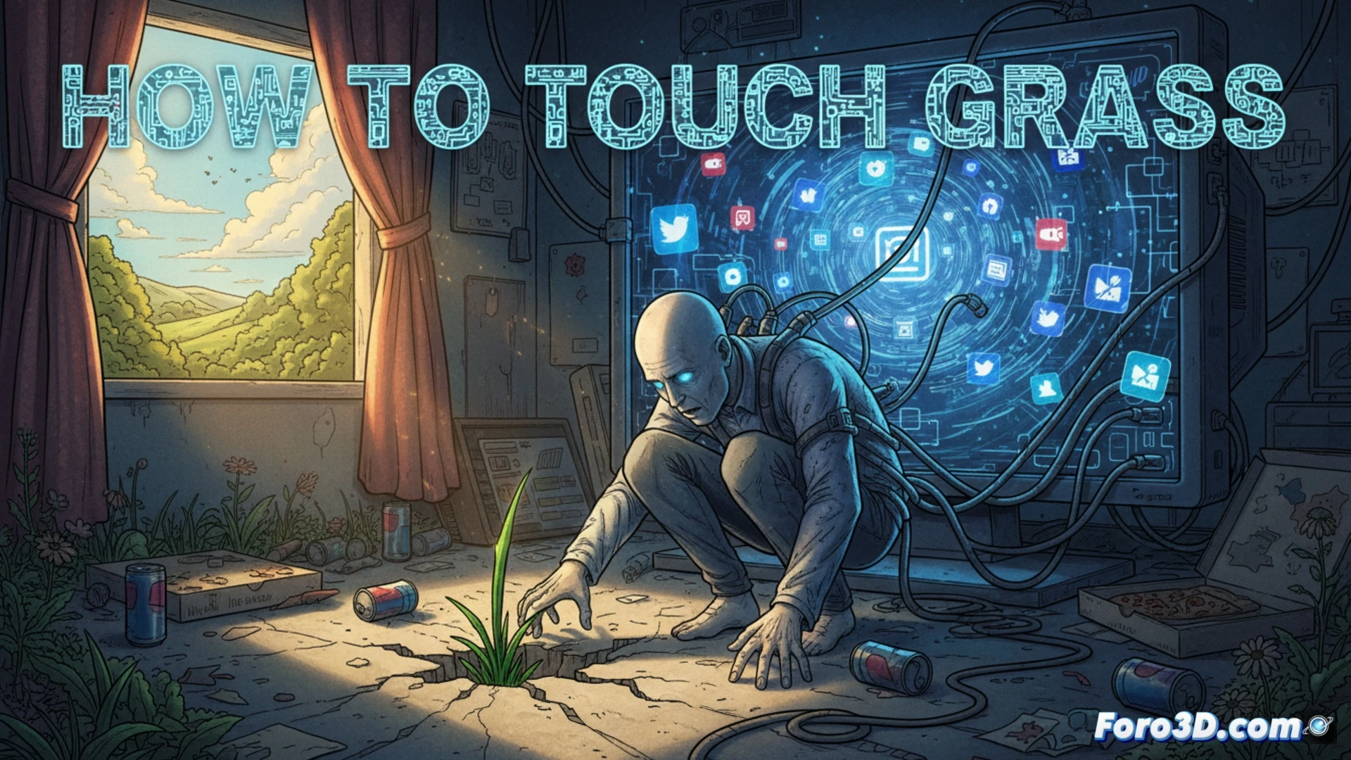 Una ilustración satírica de un manual en cómic que guía con humor la desconexión digital y el contacto con la naturaleza.