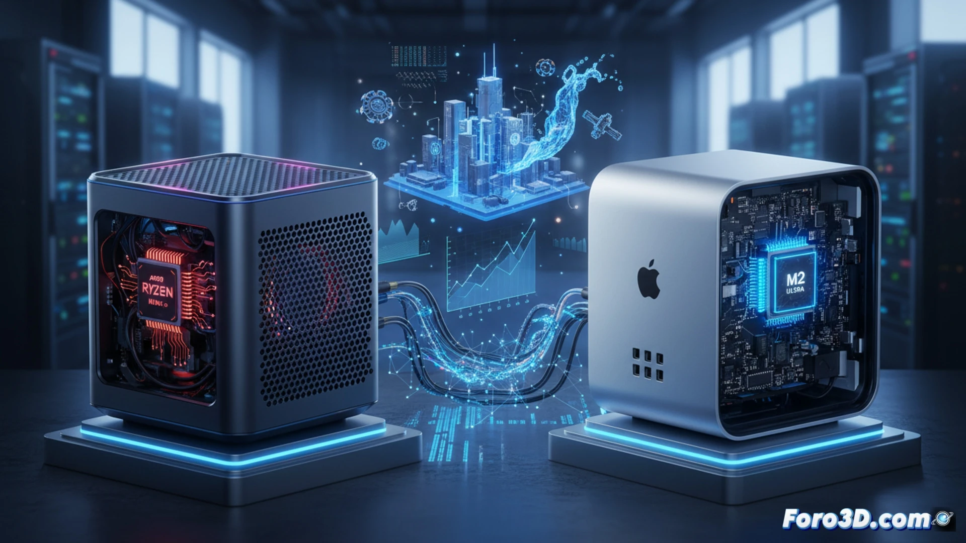 HP Z2 Mini G1a y Mac Studio lado a lado en escritorio profesional para modelado 3D y renderizado