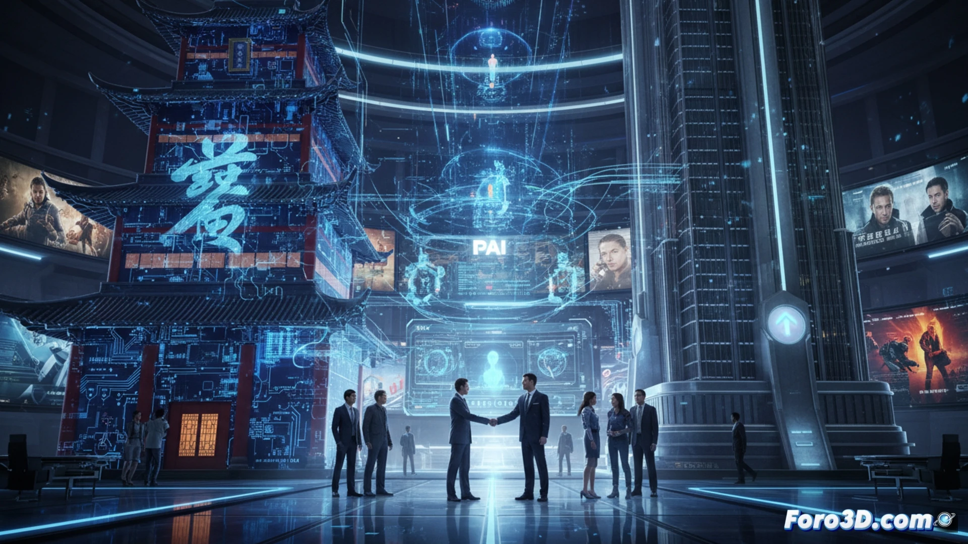 Una imagen que muestre un set de filmación futurista, con una pantalla gigante de datos mostrando el sistema PAI de Utopai. Al fondo, actores y un director chino observan. En primer plano, un robot con forma de cámara ilumina la escena. Luces azules y doradas simbolizan la fusión tecnológica entre China y EE.UU.