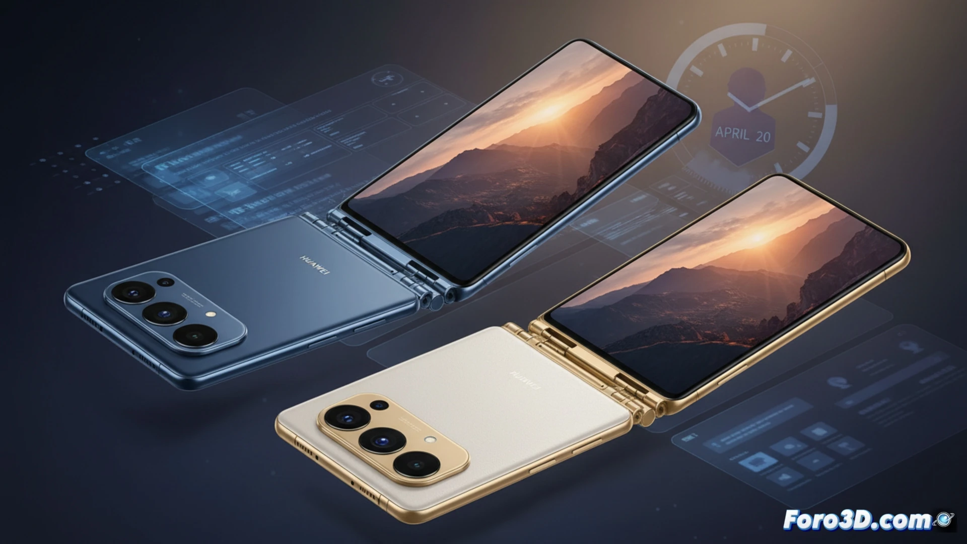 Un teléfono plegable ancho tipo pasaporte, con triple cámara, desplegado sobre una superficie.