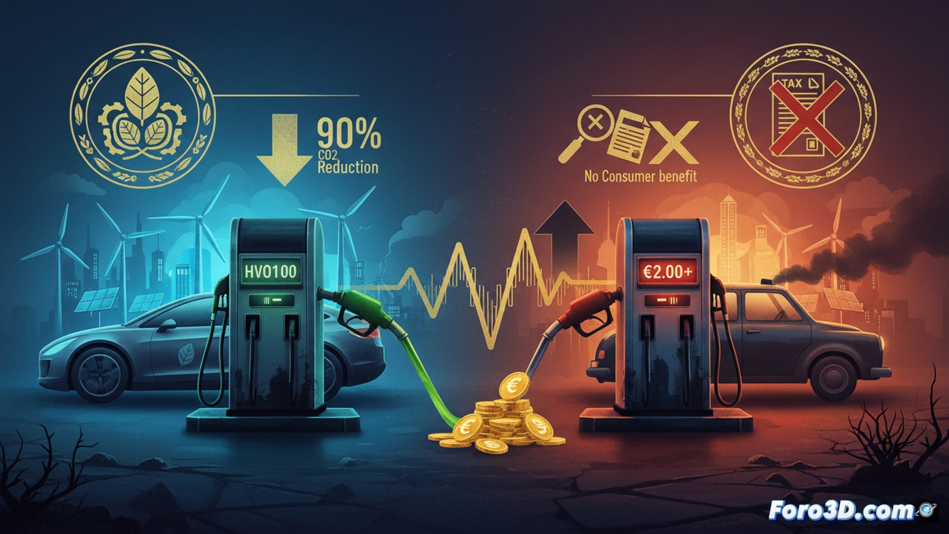 Un surtidor muestra HVO100 a 2€/litro, junto a diésel fósil más barato. Gráficos de reducción de emisiones contrastan con la paradoja de su precio indexado.