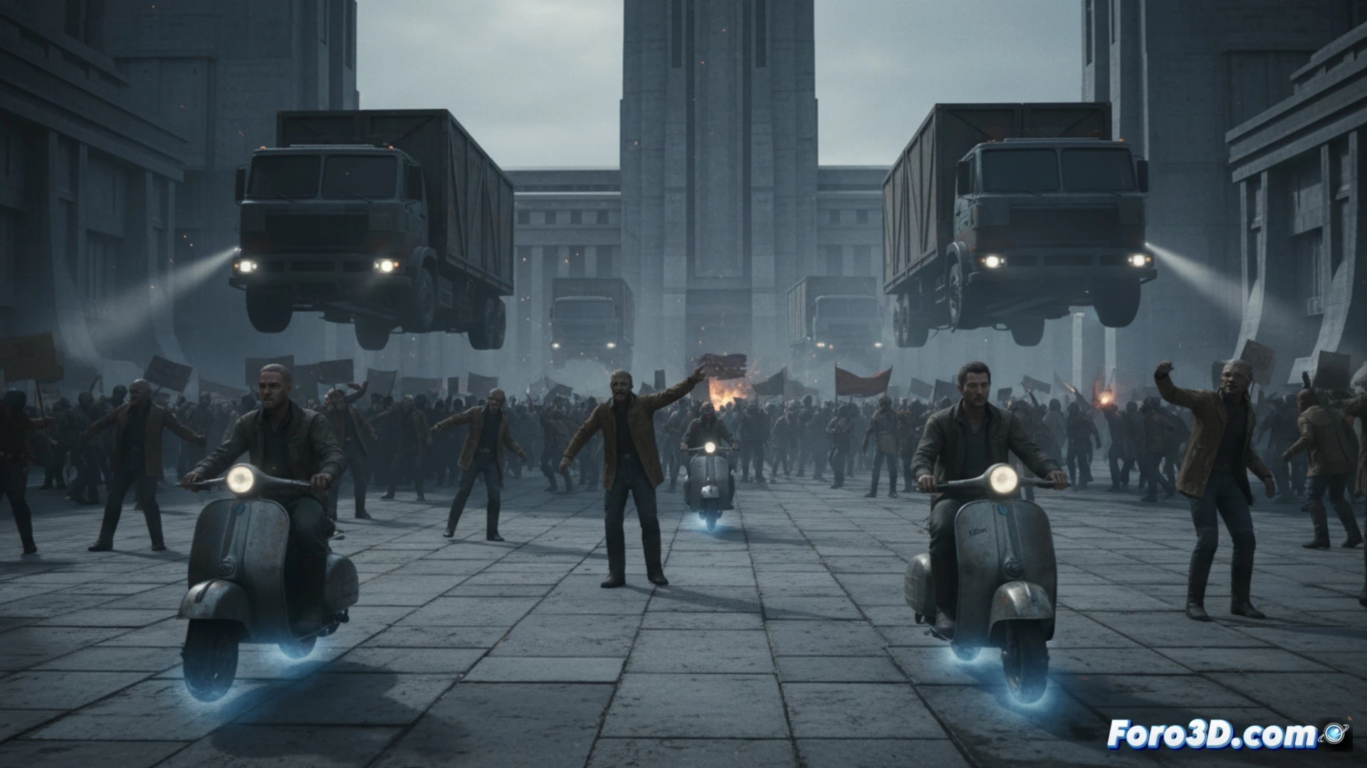 Una multitud se manifiesta en la plaza de Ghorman, con scooters voladores sobrevolando las abarrotadas calles de la ciudad.