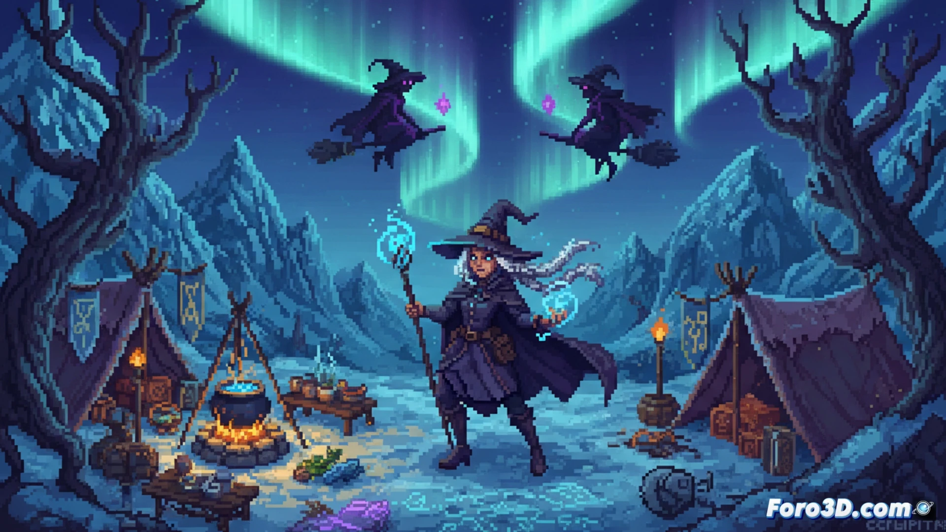 Una bruja con capa roja, Hyke, explora un bosque nevado bajo una aurora boreal. A lo lejos, una silueta amenazante la observa.