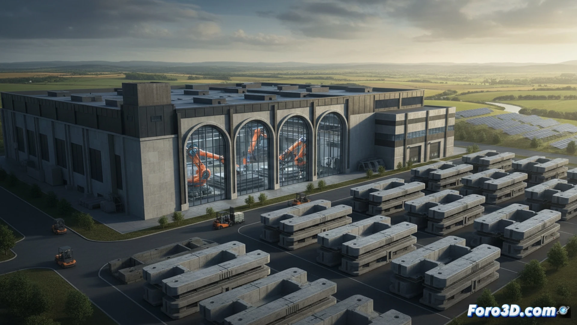 Una nave industrial moderna con robots impresores 3D fabricando cimientos de hormigón en el Reino Unido.