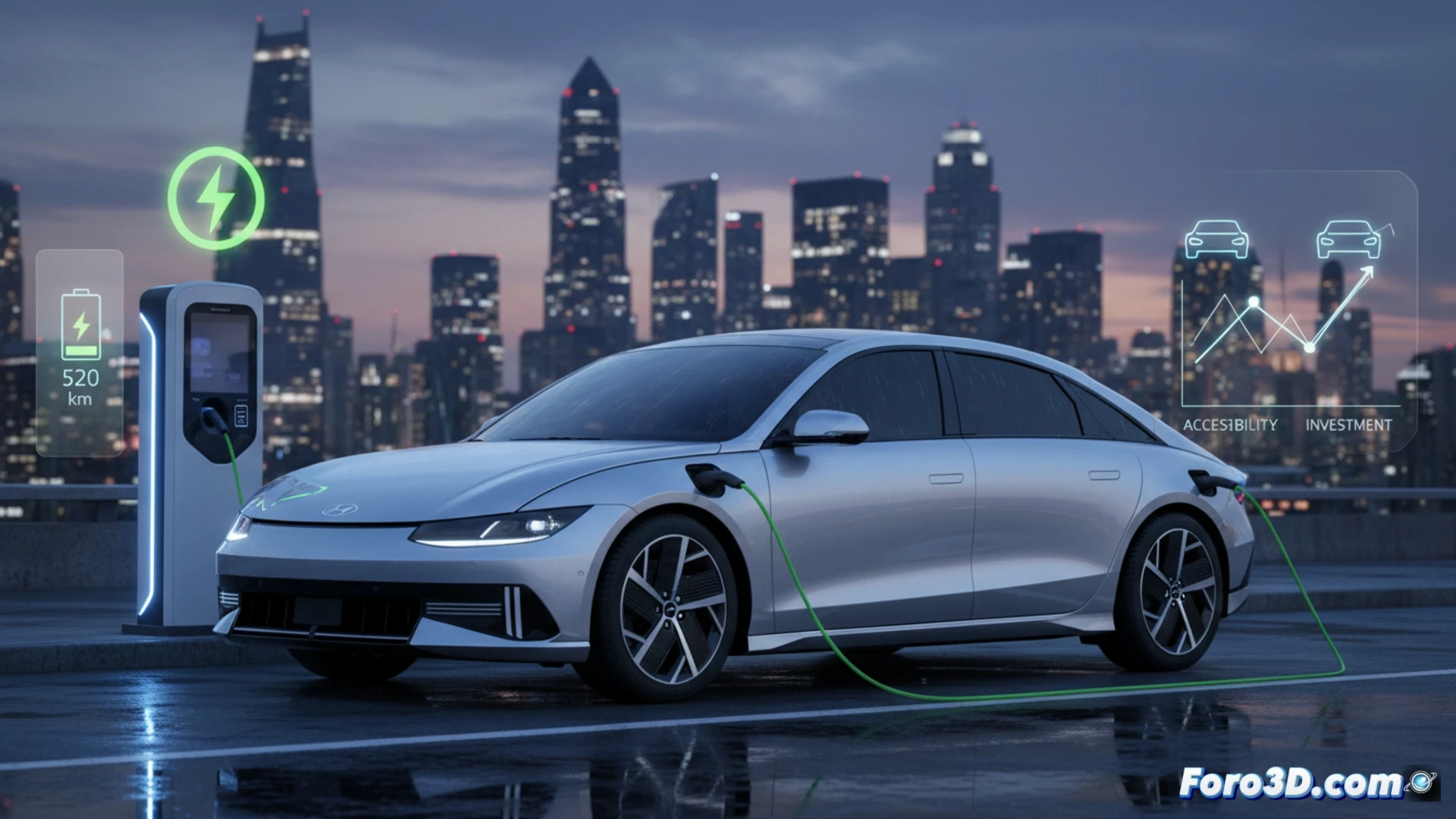 Un sedán eléctnico moderno, el Hyundai IONIQ 6, estacionado junto a un cartel que muestra su nuevo precio reducido.