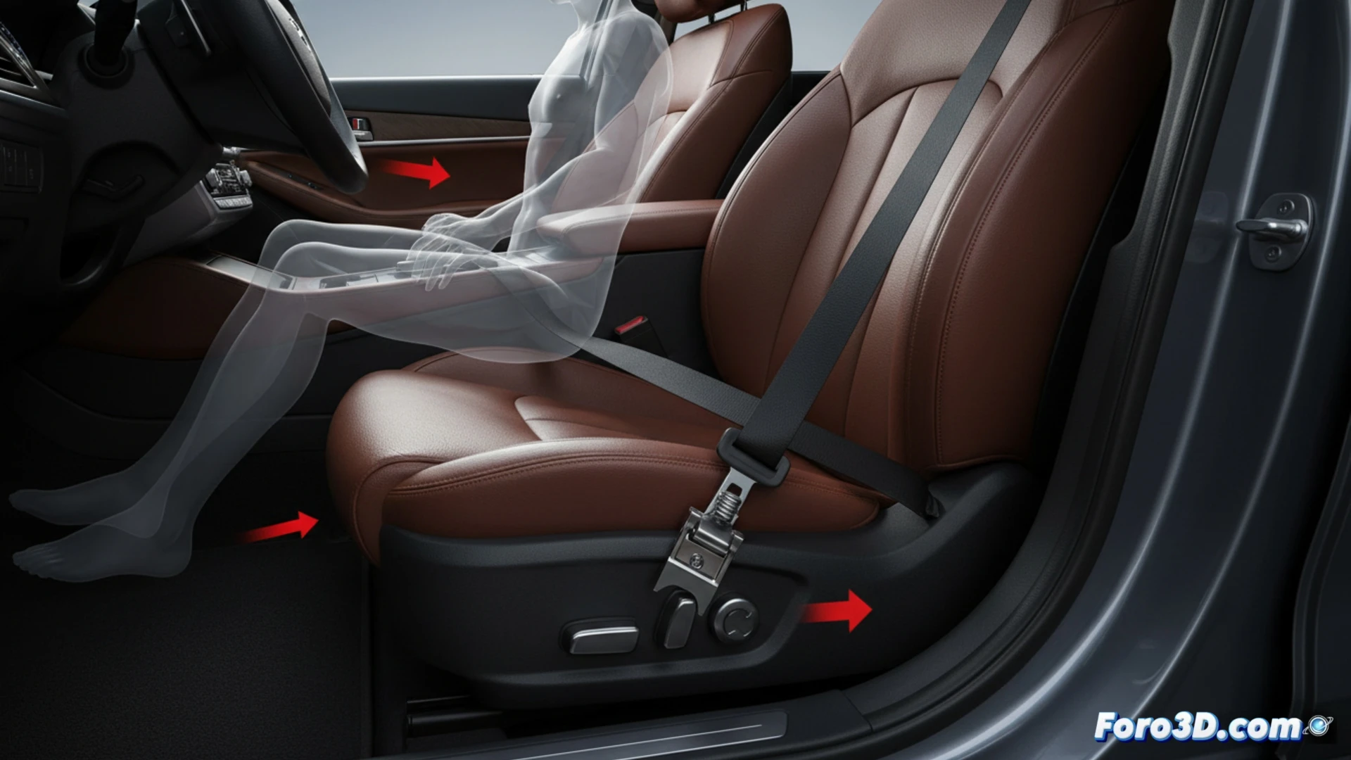 Un mecánico revisa el clip de sujeción de un cinturón de seguridad en un Hyundai, con el titular de fondo sobre el retiro de 294,128 autos por fallo.