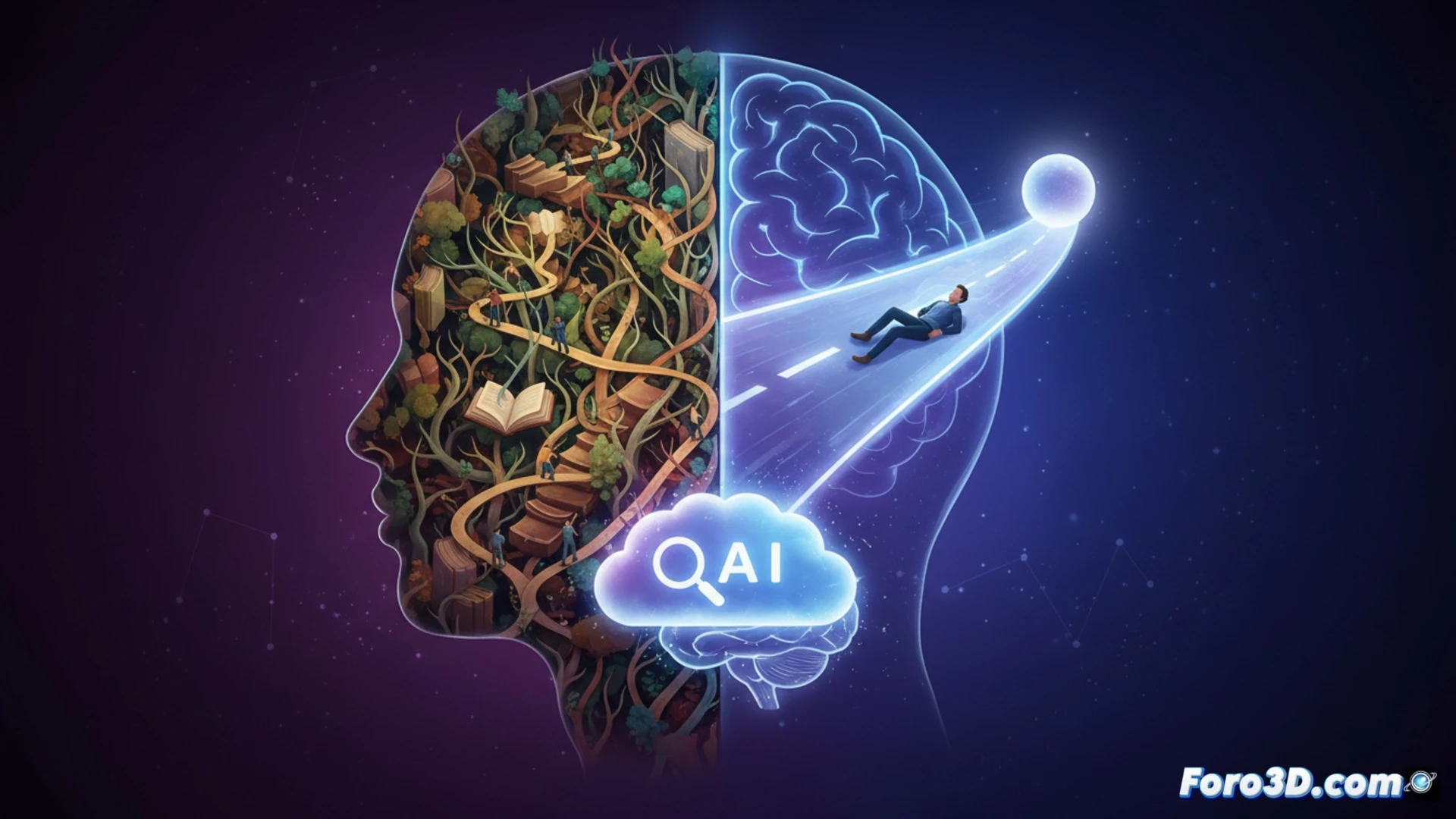 Un cerebro humano con circuitos atrofiados, reemplazados por un brillante asistente de IA que responde al instante.