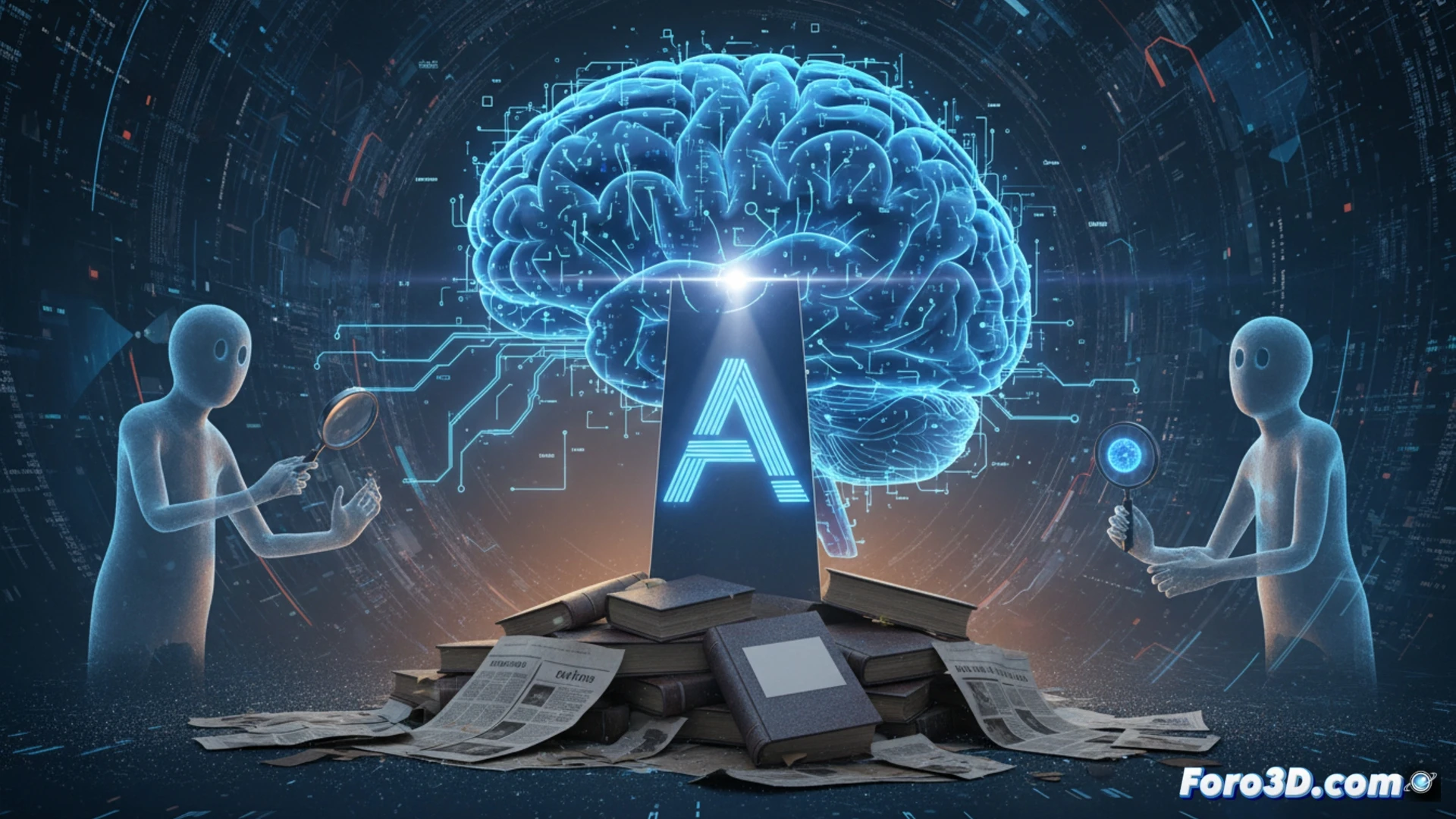 Una persona con un cerebro encogido frente a una pantalla con un ícono de IA gigante.