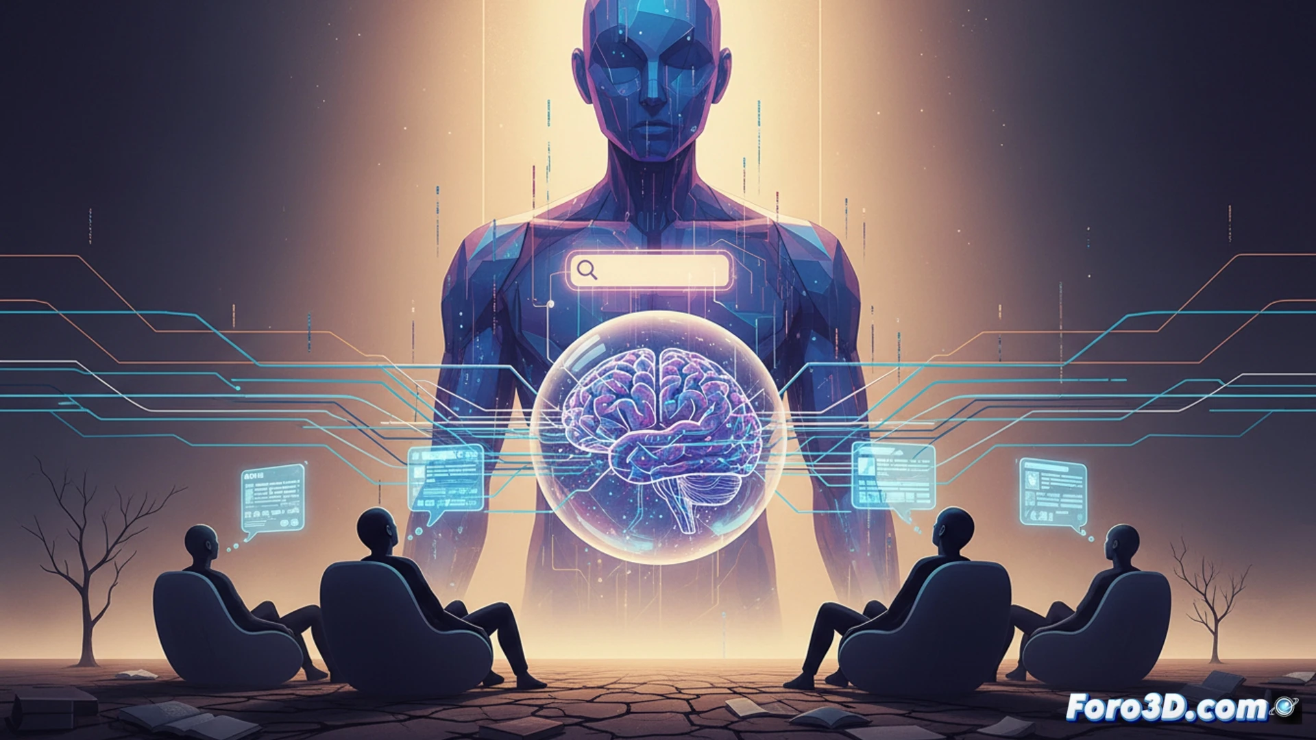 Un cerebro humano con engranajes oxidados, sobre un fondo de búsquedas de IA brillantes y dominantes.