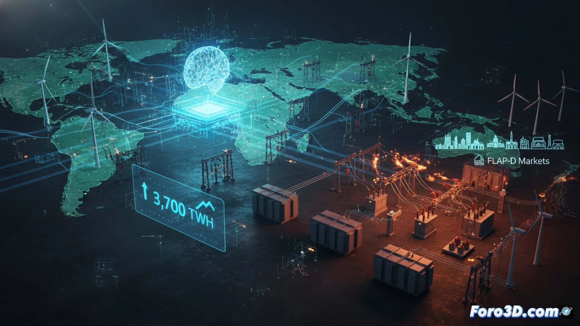 Una red eléctrica futurista brilla con nodos de IA. Torres de alta tensión y servidores luminosos se fusionan en un paisaje nocturno.