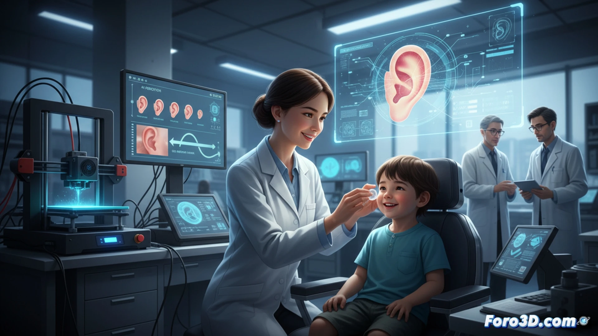Un niño sonríe mientras un brazo robótico imprime en 3D un molde auditivo personalizado, supervisado en una pantalla con modelos de IA que predicen su crecimiento.
