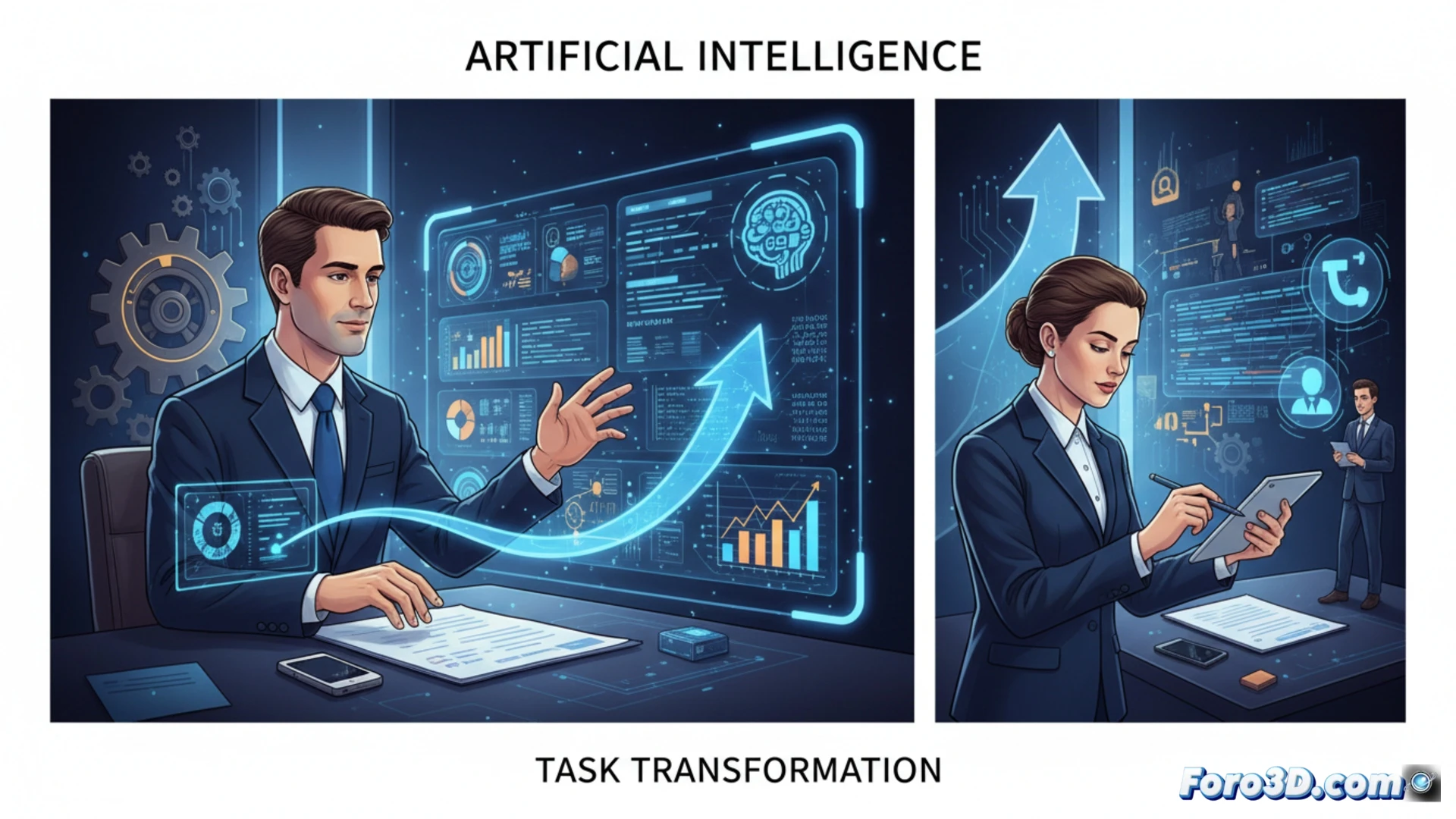 Un profesional sonriente revisa gráficos digitales mientras robots pequeños organizan papeles a su alrededor, simbolizando colaboración humano-IA en 2026.