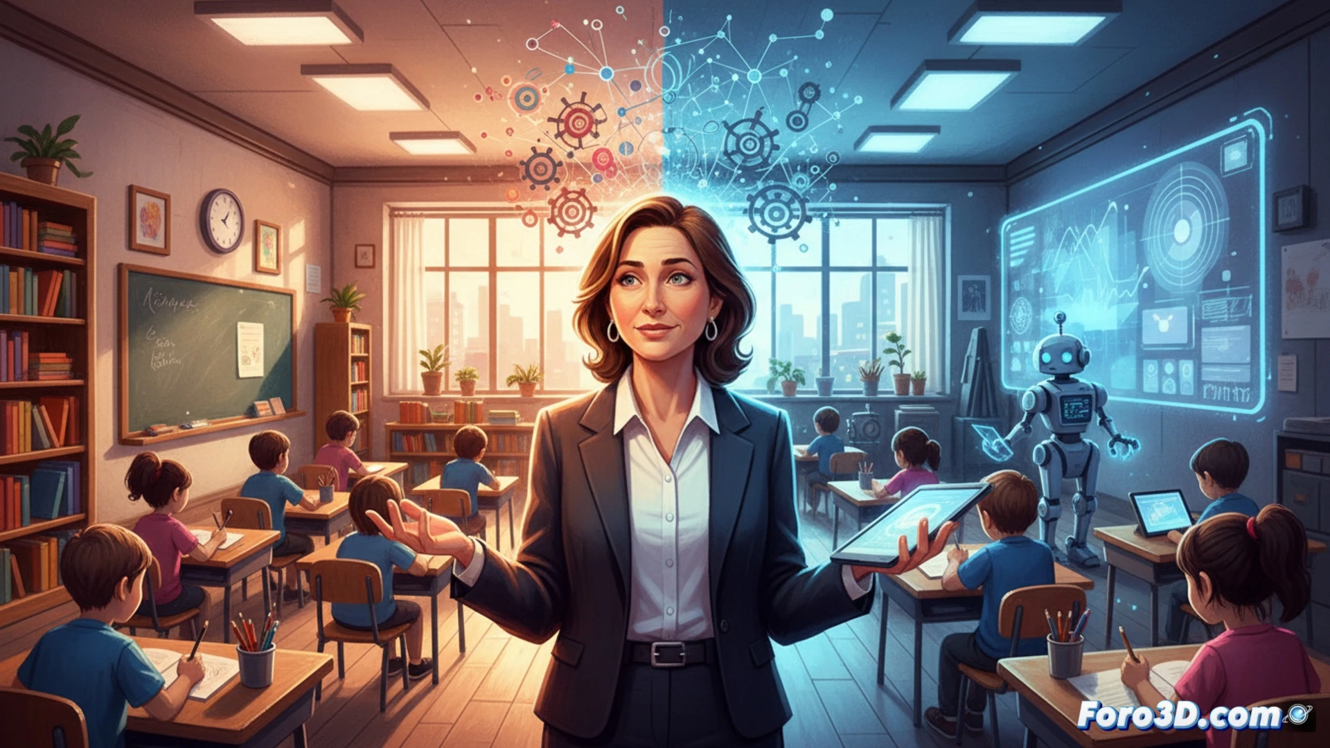 Una profesora muestra a niños pequeños cómo usar una herramienta digital sencilla, en un aula luminosa y acogedora.