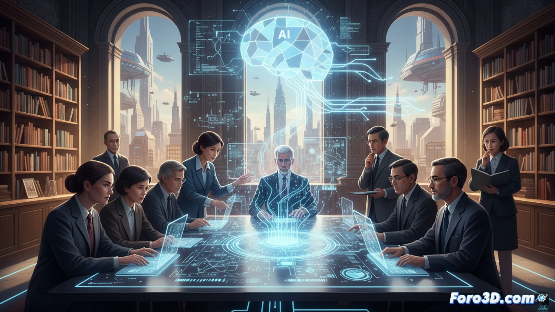 Un docente señala un pizarrón con ecuaciones complejas, mientras una pantalla digital muestra gráficos de IA. Estudiantes observan, combinando lógica humana y tecnología.