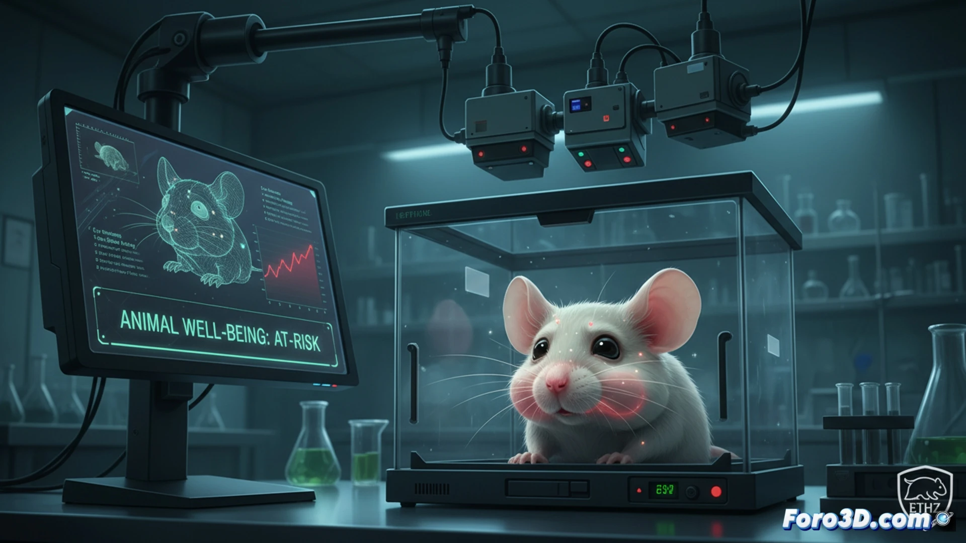 Un ratón blanco sobre fondo oscuro, con su rostro iluminado por rayas de luz láser; GrimACE procesa sus expresiones y postura en tiempo real.