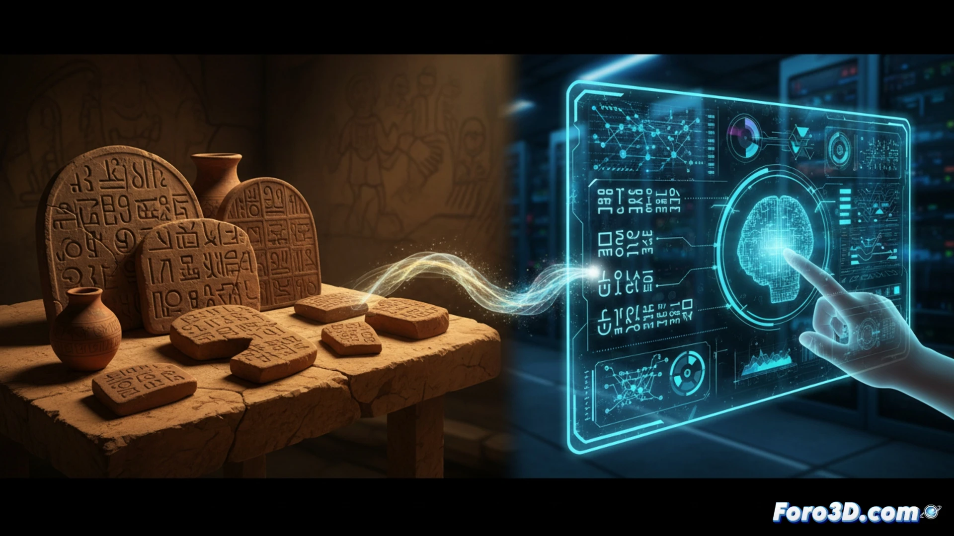 Un sello del Indo con símbolos antiguos, sobre una interfaz digital con gráficos de análisis de IA.