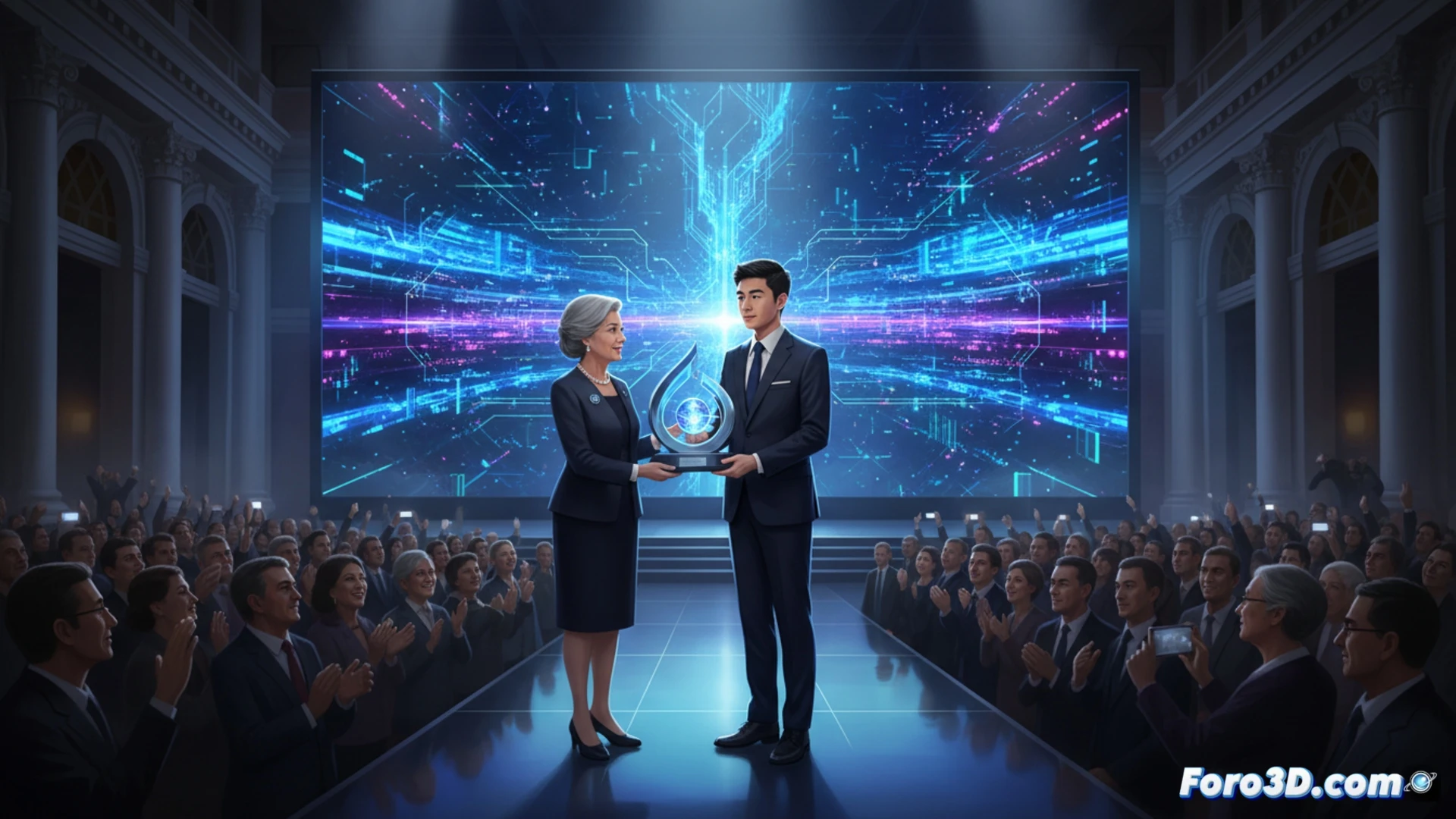 Yong Wang, con traje formal, recibe un trofeo brillante en un escenario iluminado, con gráficos de datos y redes de IA flotando detrás de él.