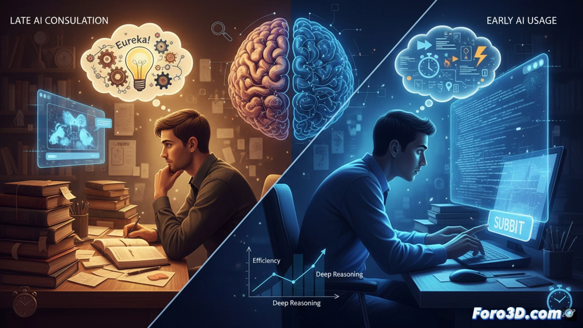 Persona pensando frente a una pantalla con un símbolo de IA, representando la disyuntiva entre eficiencia y aprendizaje.