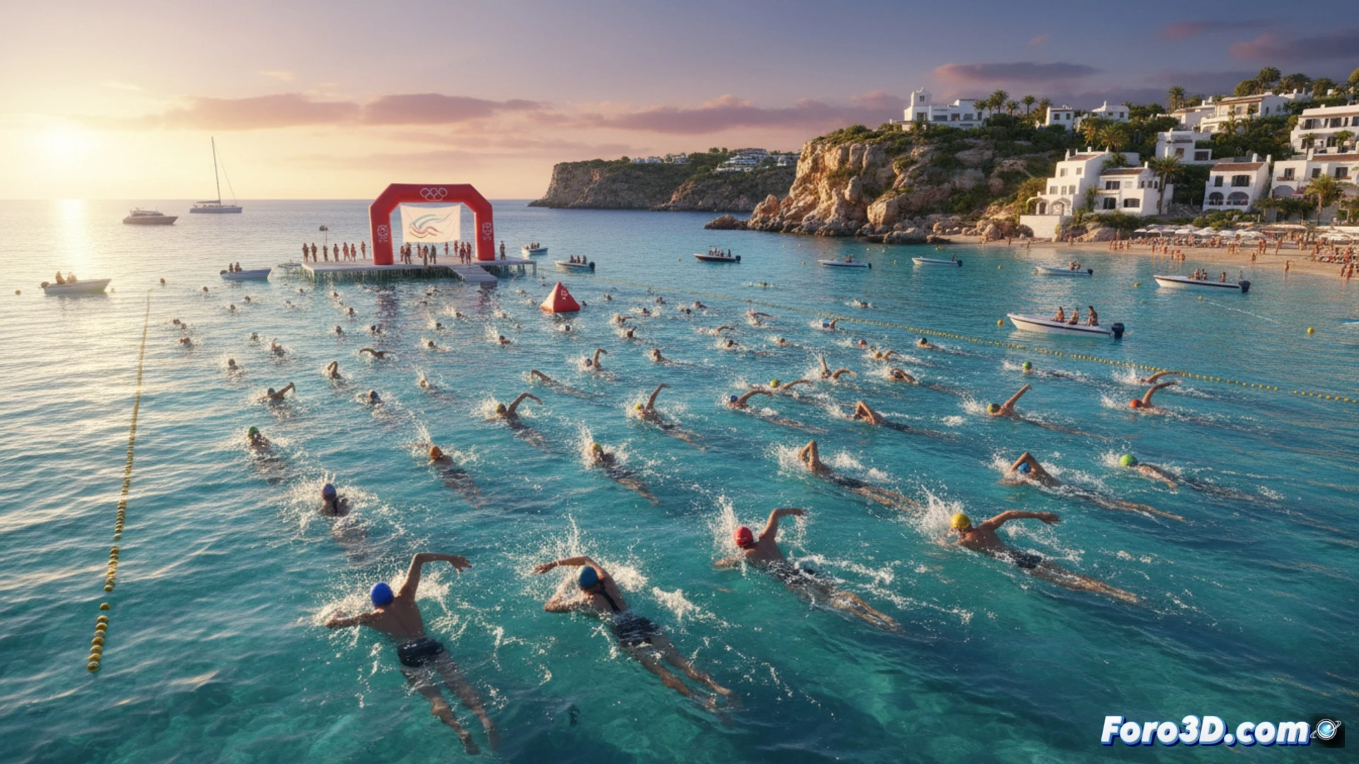 Ibiza alberga la Copa del Mundo de aguas abiertas, con nadadores compitiendo en el mar azul turquesa bajo el sol.