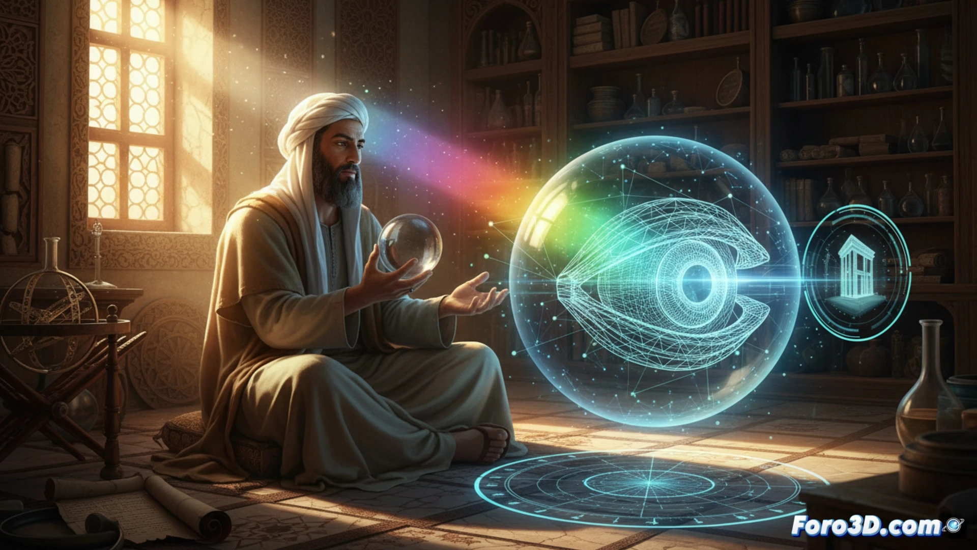 Representacion 3D de un haz de luz atravesando una camara oscura, inspirada en los experimentos de Ibn al-Haytham.