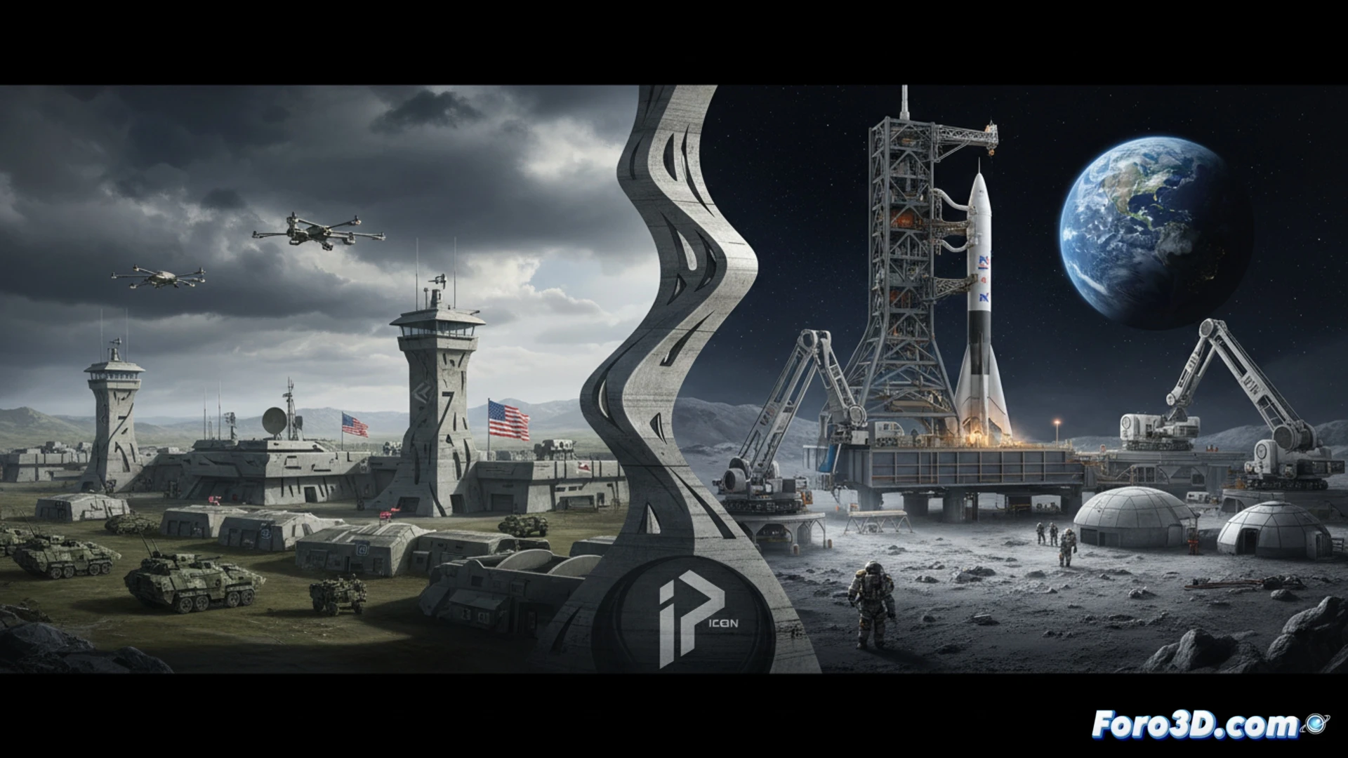 Imagen futurista: un enorme robot de impresión 3D construye una base lunar blanca bajo un cielo estrellado, mientras en la Tierra otra impresora erige un búnker militar.