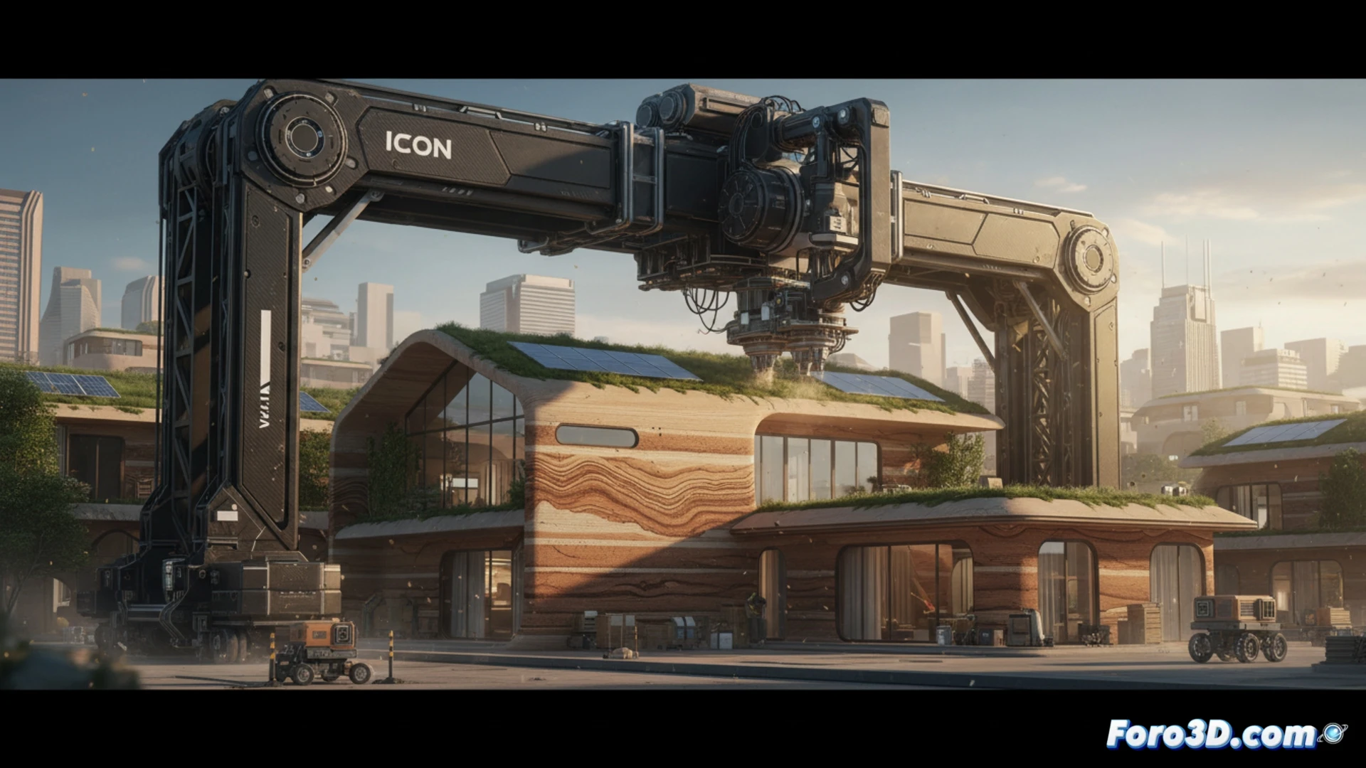 Robot de impresión 3D Vulcan de Icon construyendo las paredes de una casa moderna capa por capa.